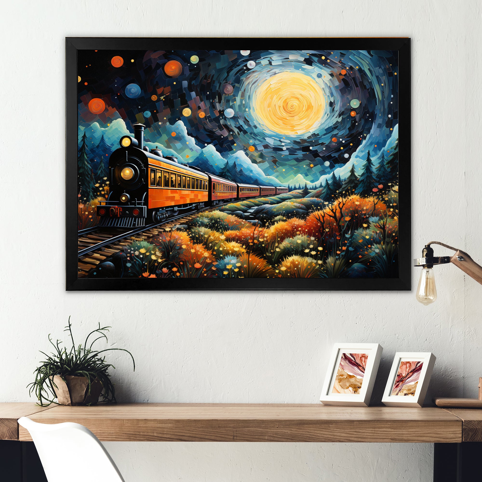 Yellow Train Enchanted Journey Pointillism - Train Canvas Wall Art