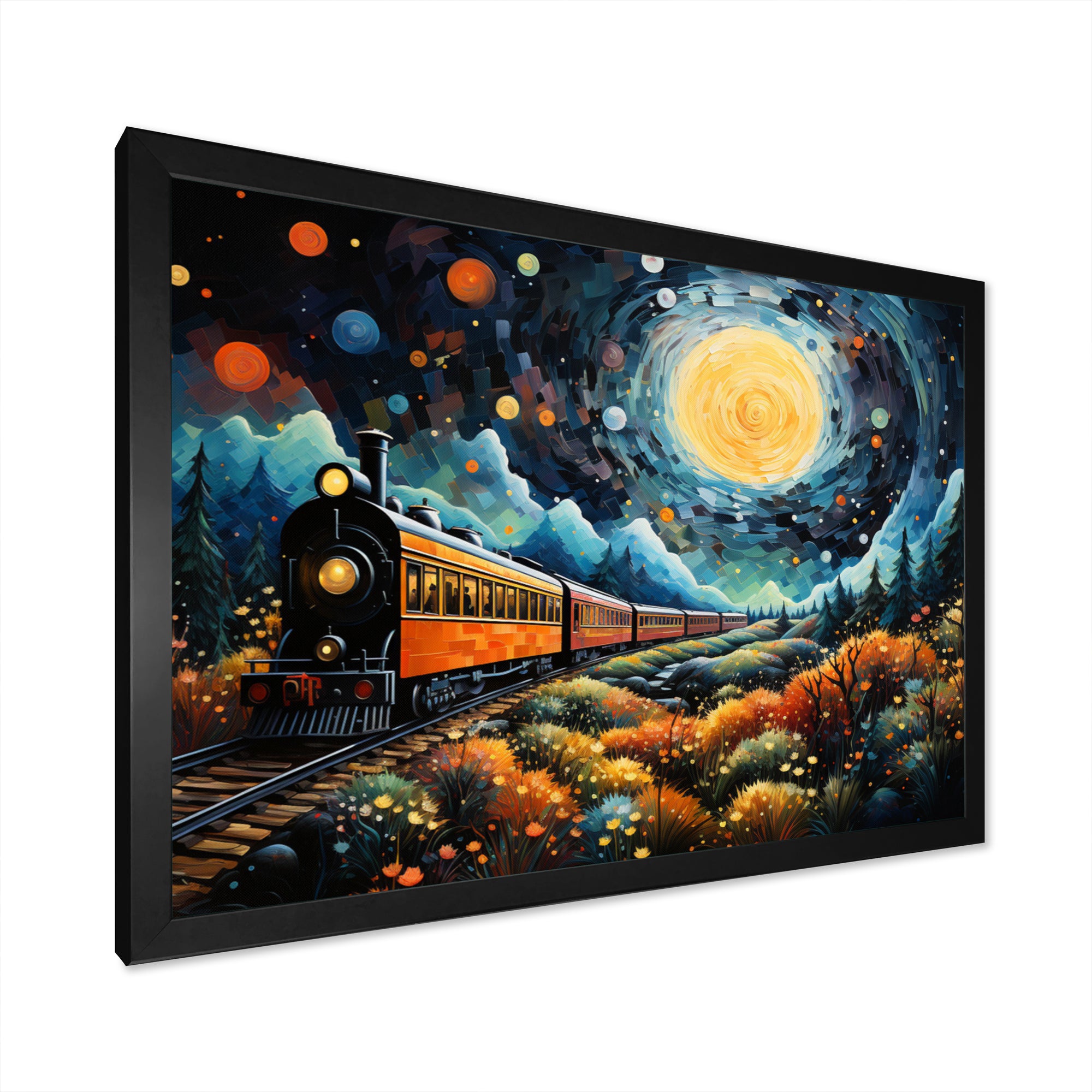 Yellow Train Enchanted Journey Pointillism - Train Canvas Wall Art