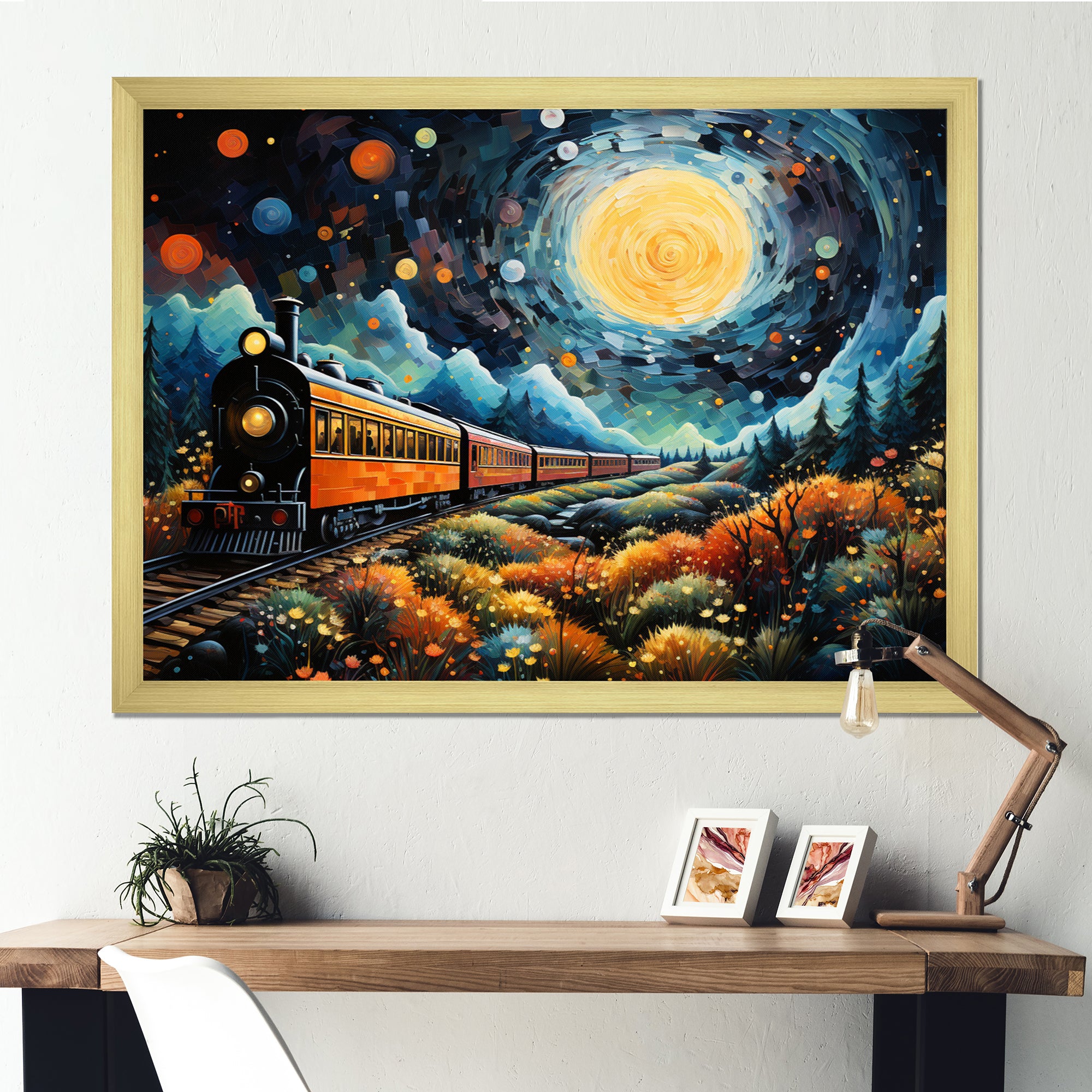 Yellow Train Enchanted Journey Pointillism - Train Canvas Wall Art
