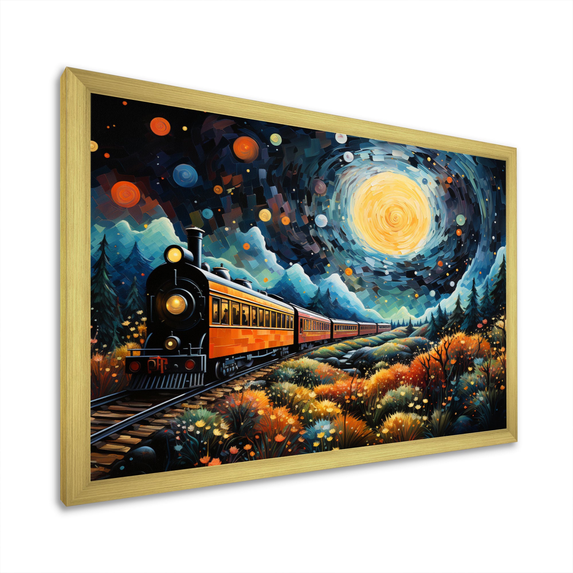 Yellow Train Enchanted Journey Pointillism - Train Canvas Wall Art