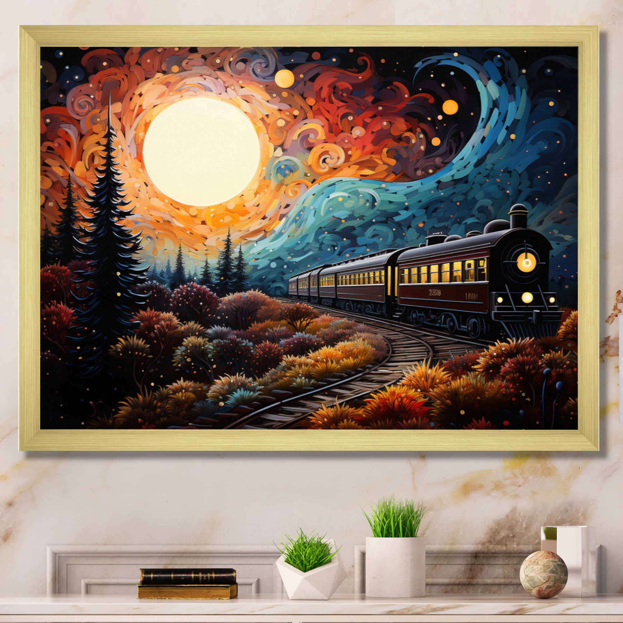 Train Enchanted Journey Pointillism - Train Canvas Wall Art