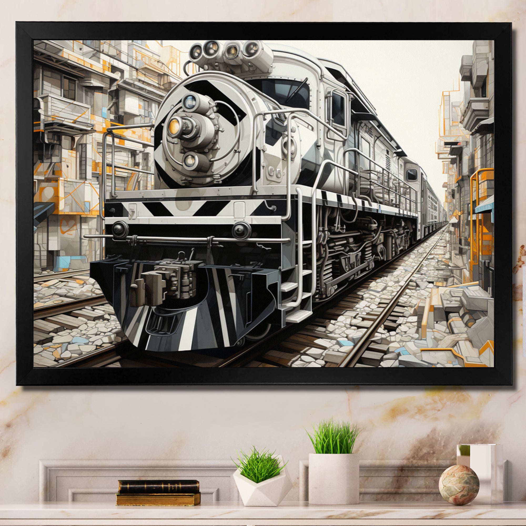 Grey Train Geometric Momentum - Train Canvas Wall Art