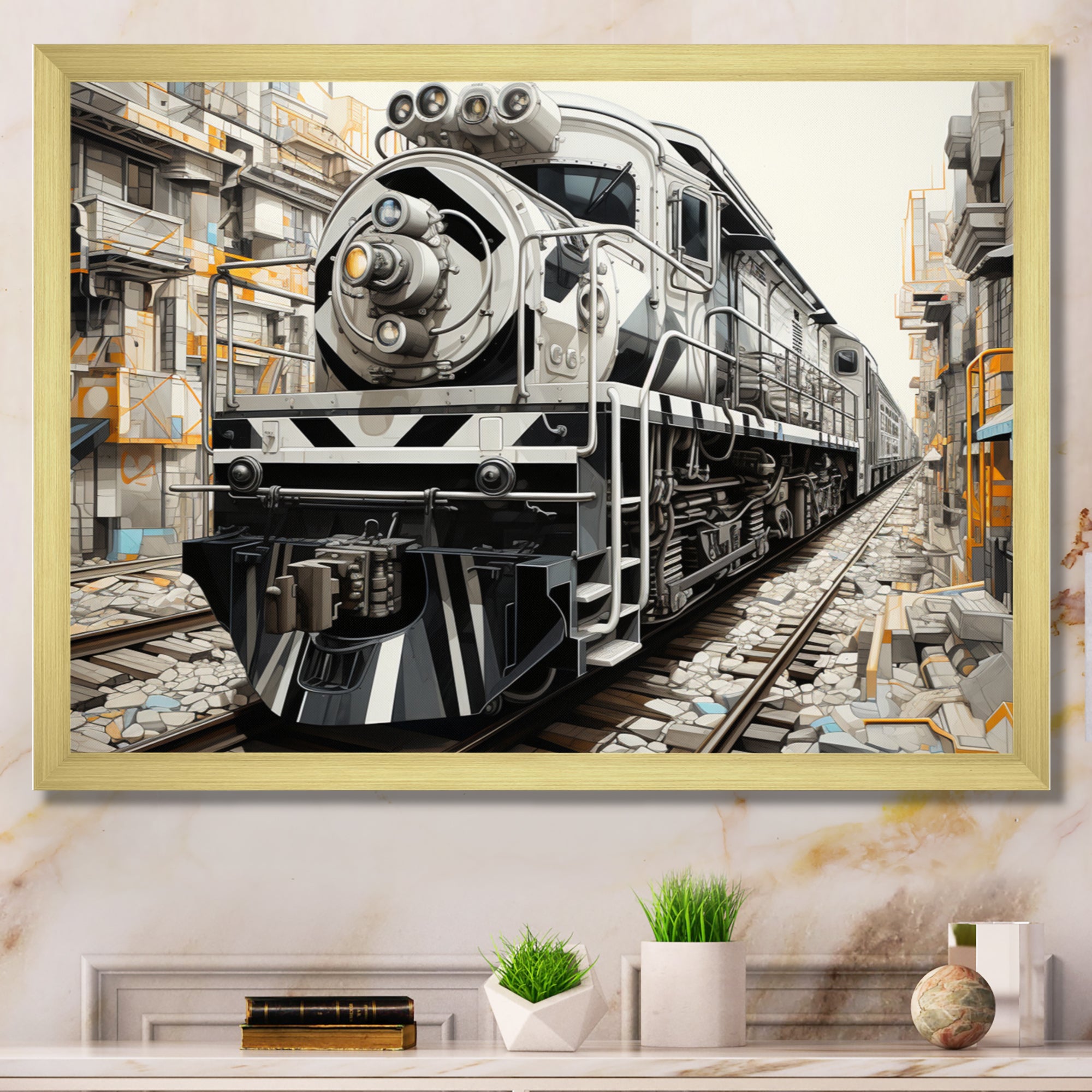 Grey Train Geometric Momentum - Train Canvas Wall Art