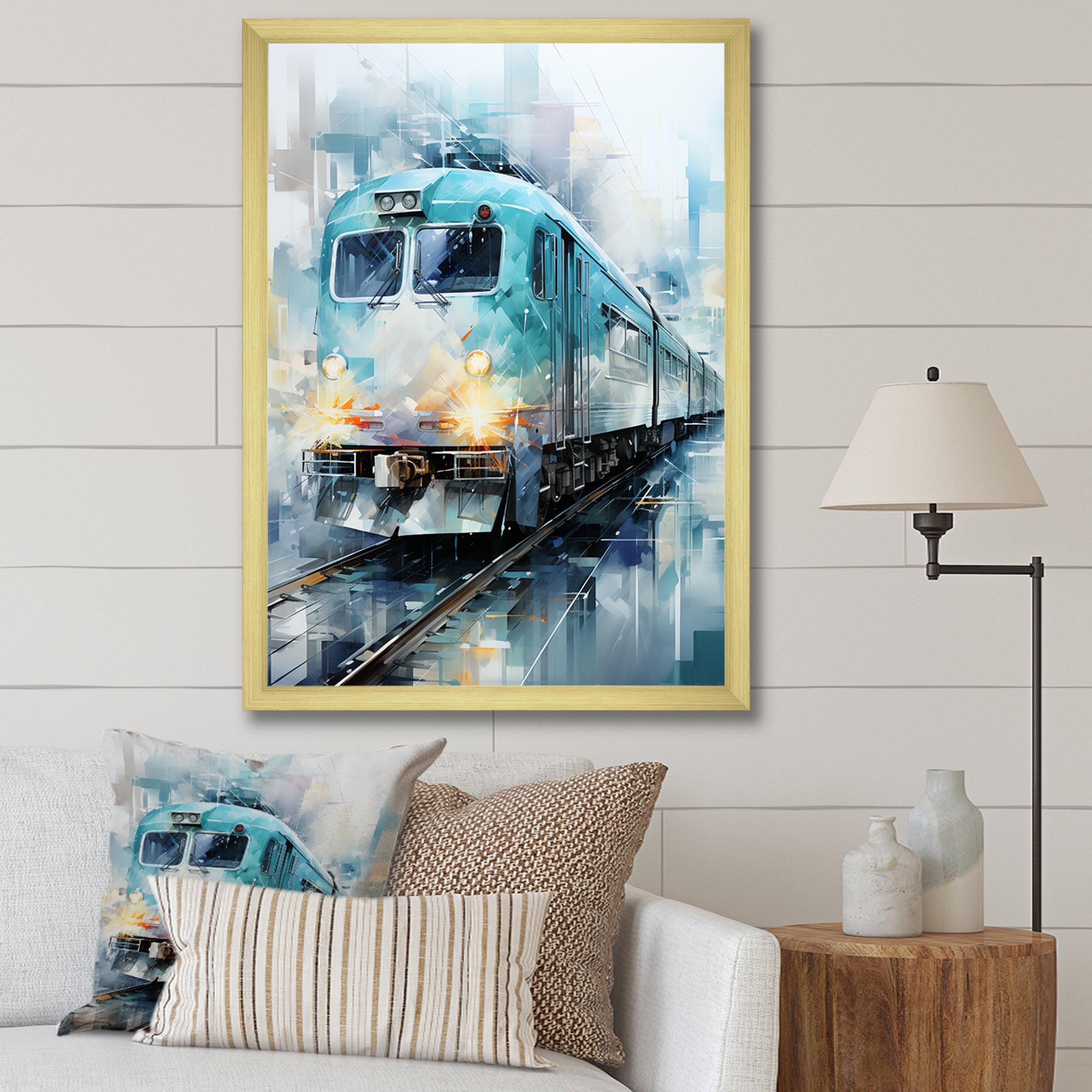 Teal Train Geometric Momentum I - Train Canvas Wall Art