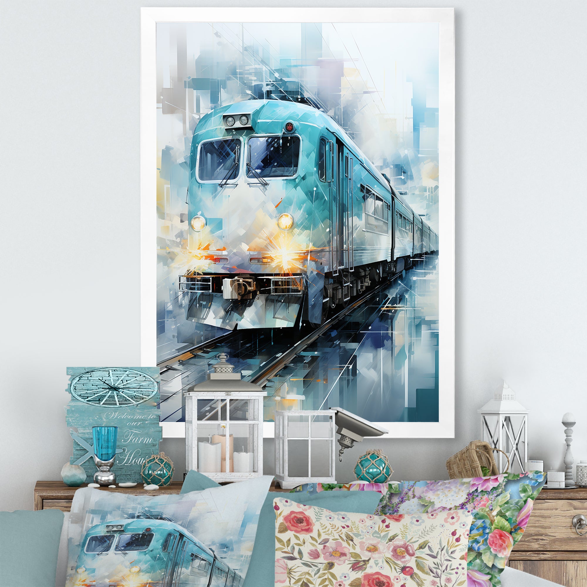 Teal Train Geometric Momentum I - Train Canvas Wall Art