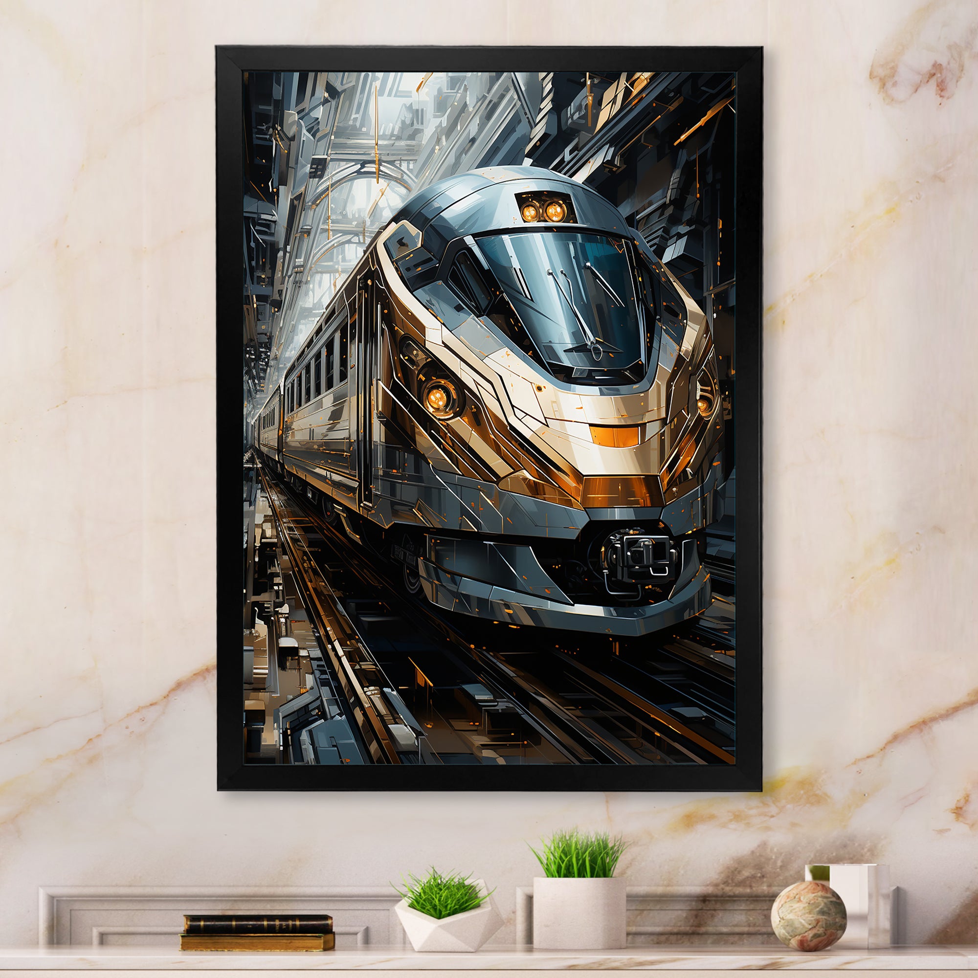 Golden Train Geometric Momentum I - Train Canvas Wall Art