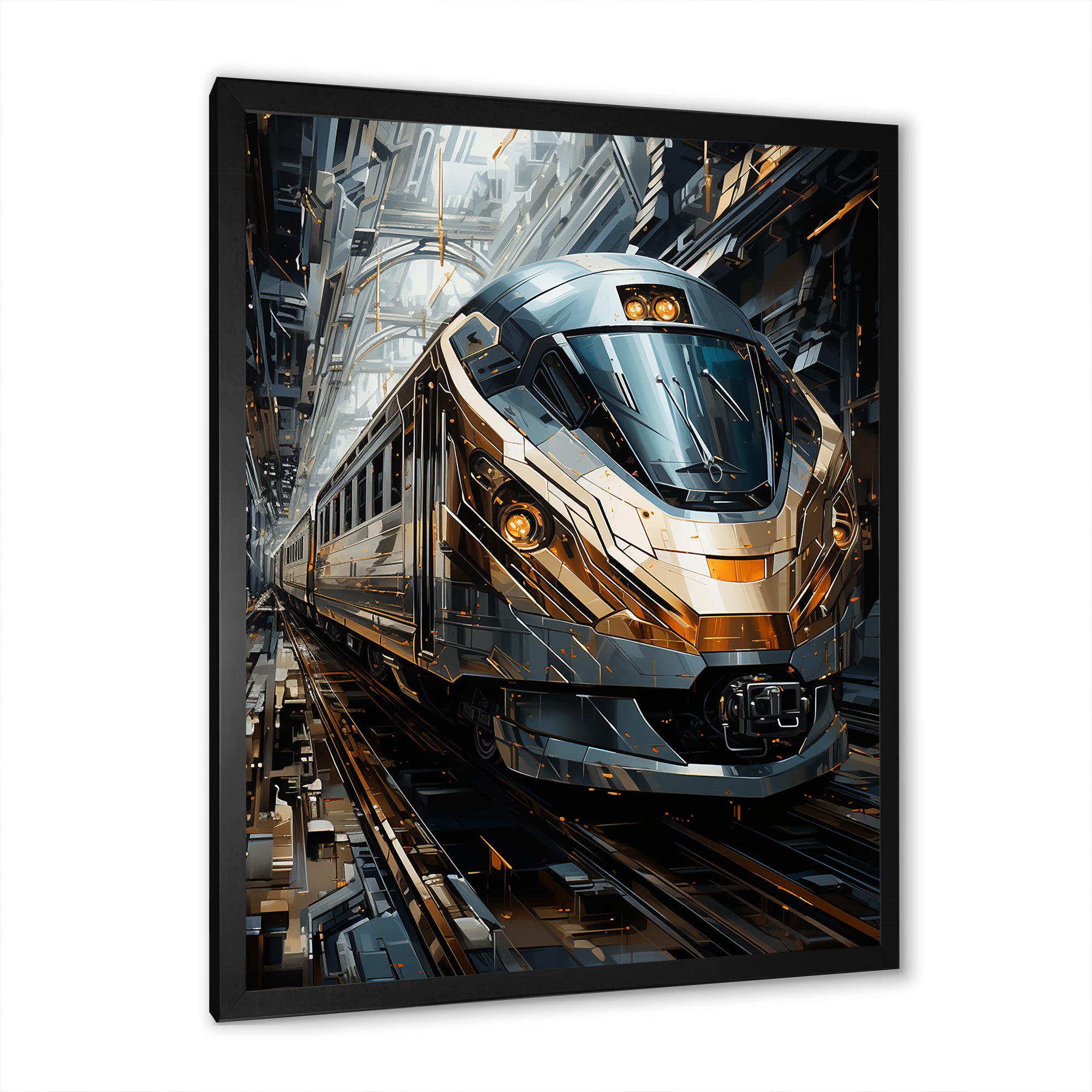 Golden Train Geometric Momentum I - Train Canvas Wall Art