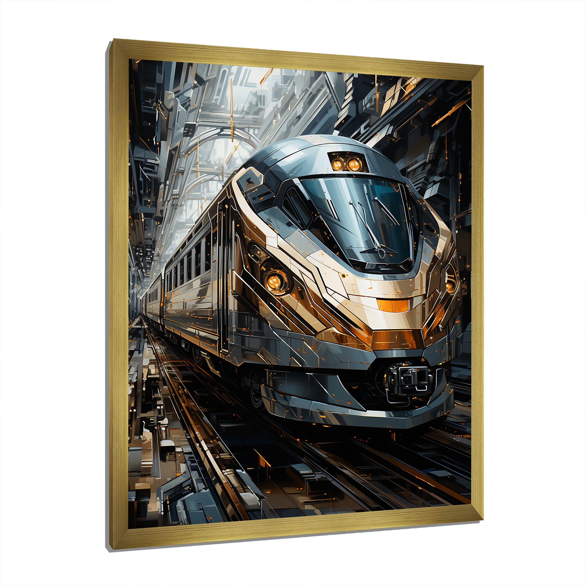 Golden Train Geometric Momentum I - Train Canvas Wall Art