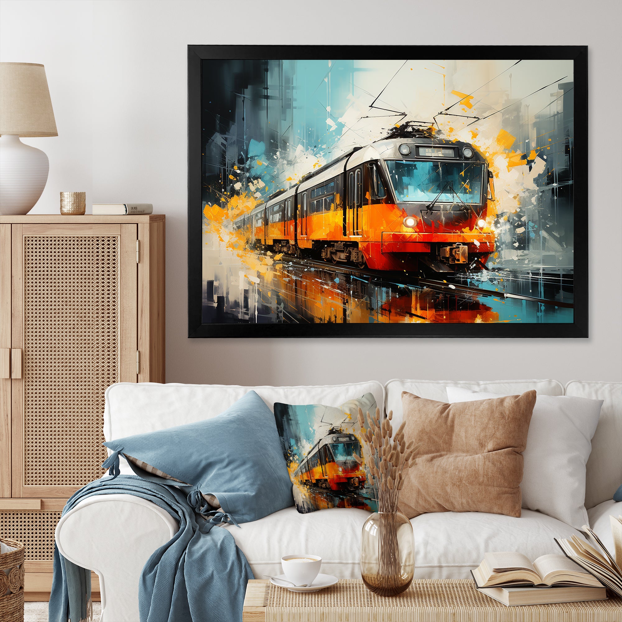 Orange Train Harmonious Contrasts - Train Canvas Wall Art