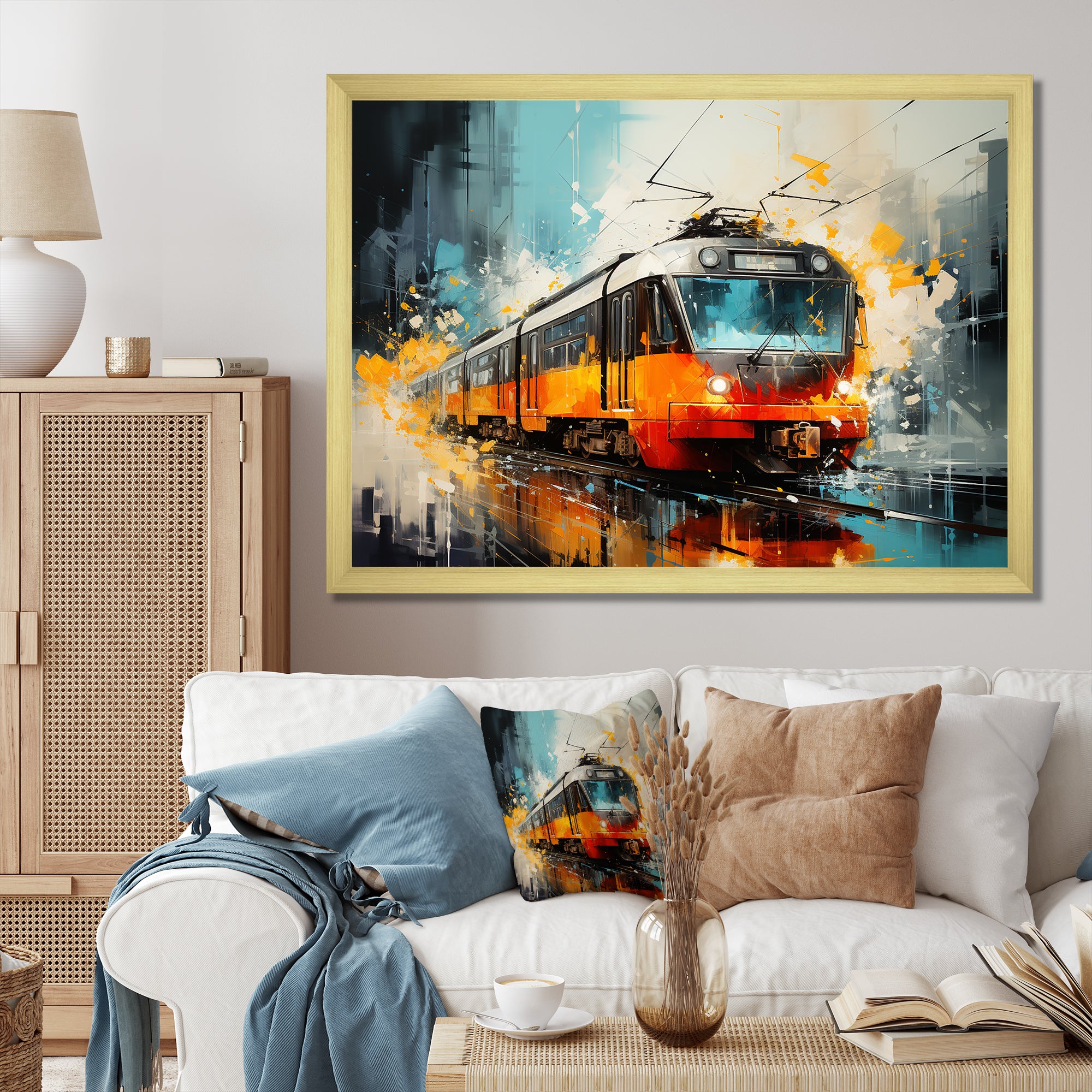 Orange Train Harmonious Contrasts - Train Canvas Wall Art