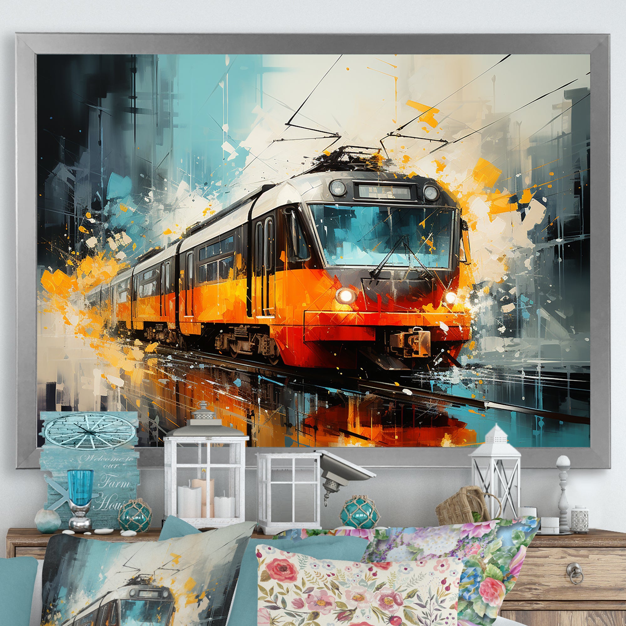 Orange Train Harmonious Contrasts - Train Canvas Wall Art
