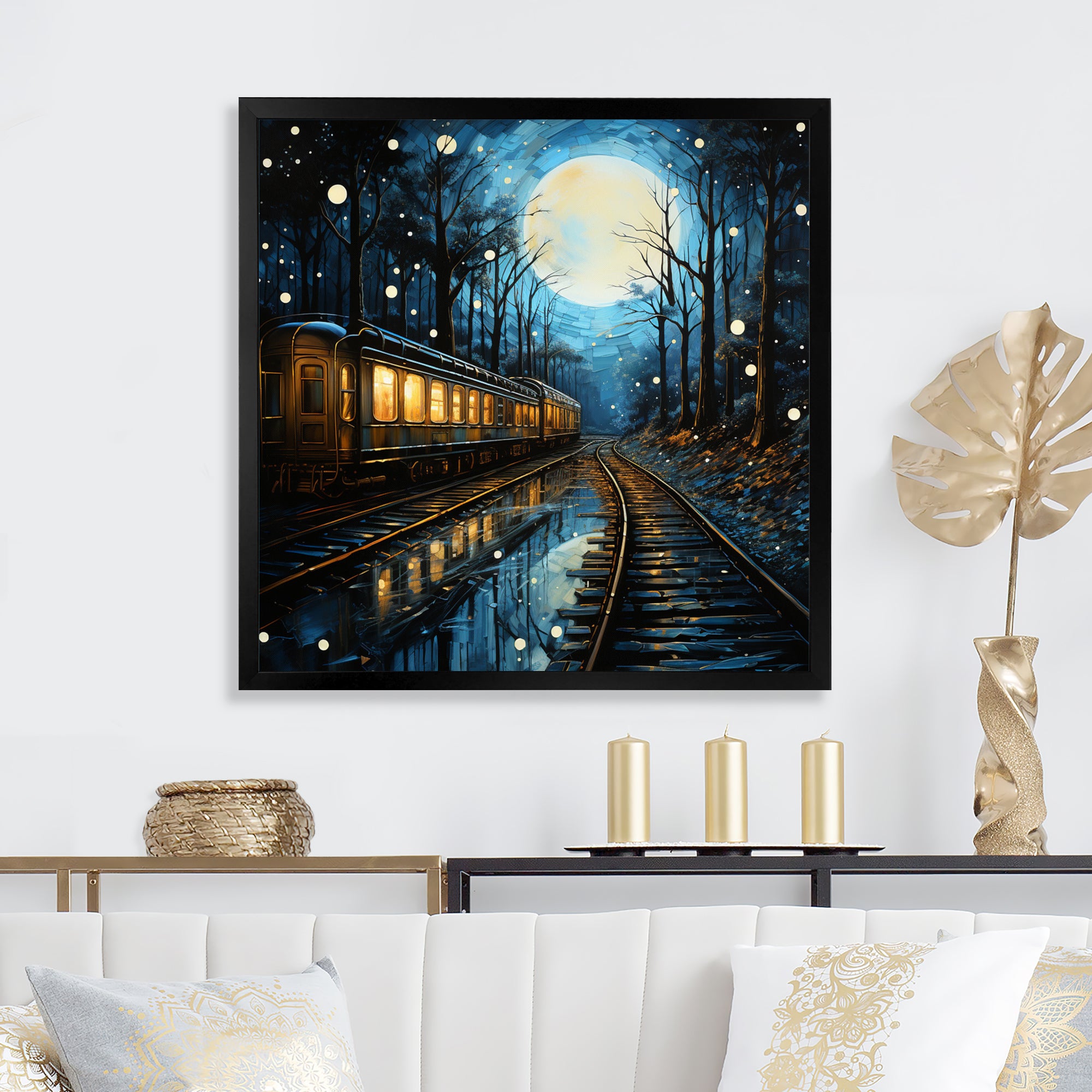Train Luminous Trails Pointillism - Train Canvas Wall Art