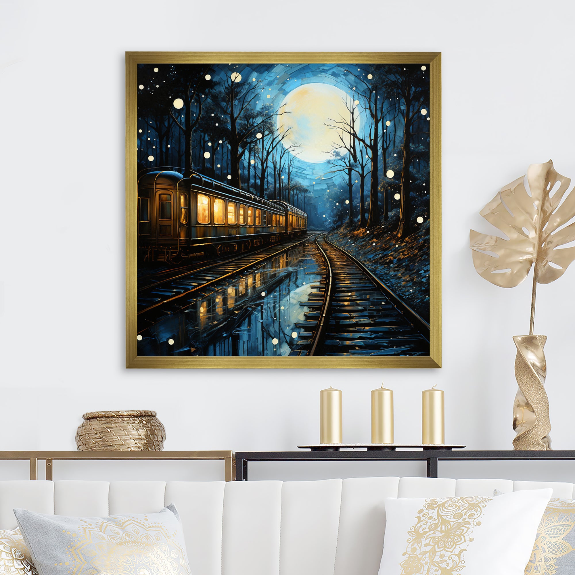Train Luminous Trails Pointillism - Train Canvas Wall Art