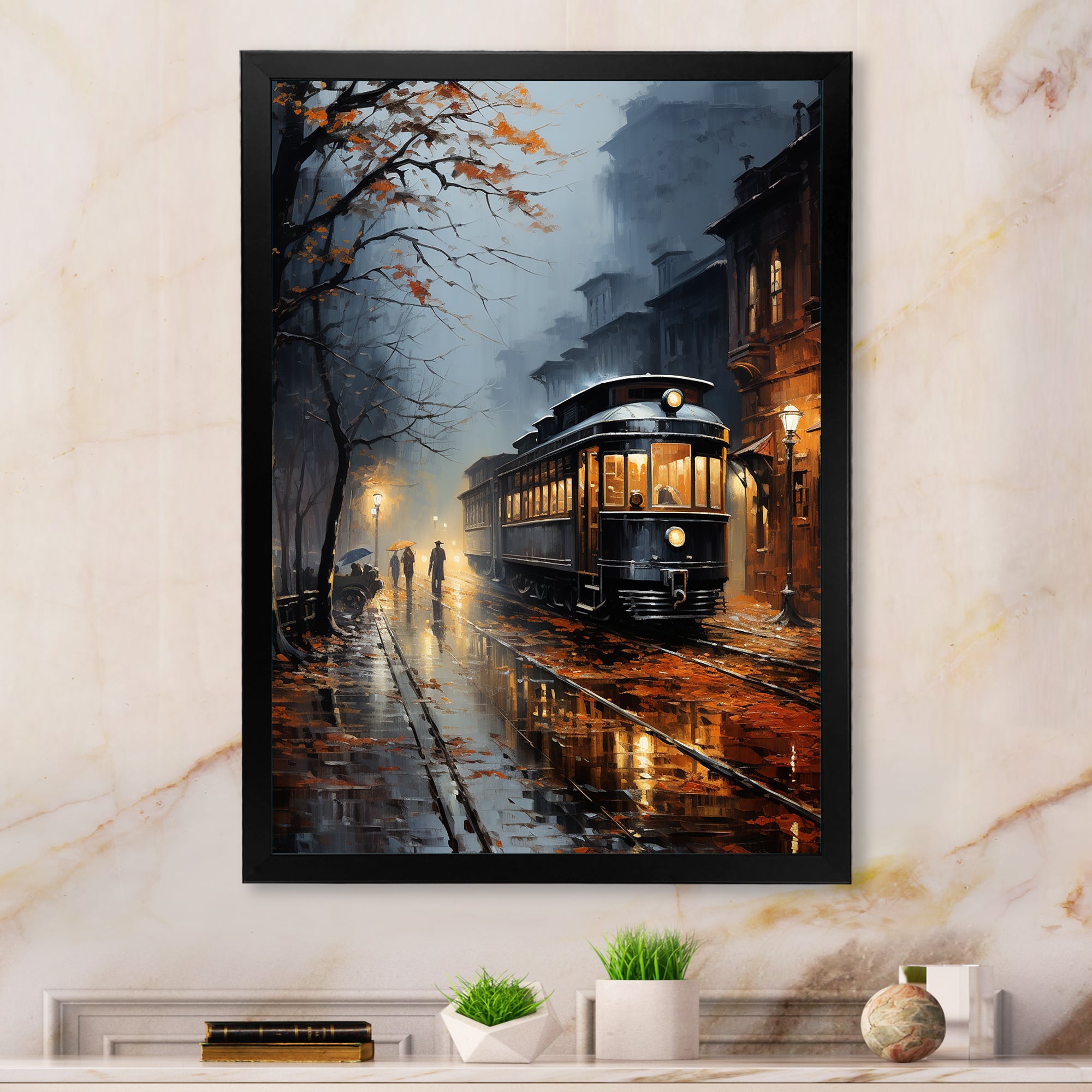 Train Misty Morning Pointillism I - Train Canvas Wall Art