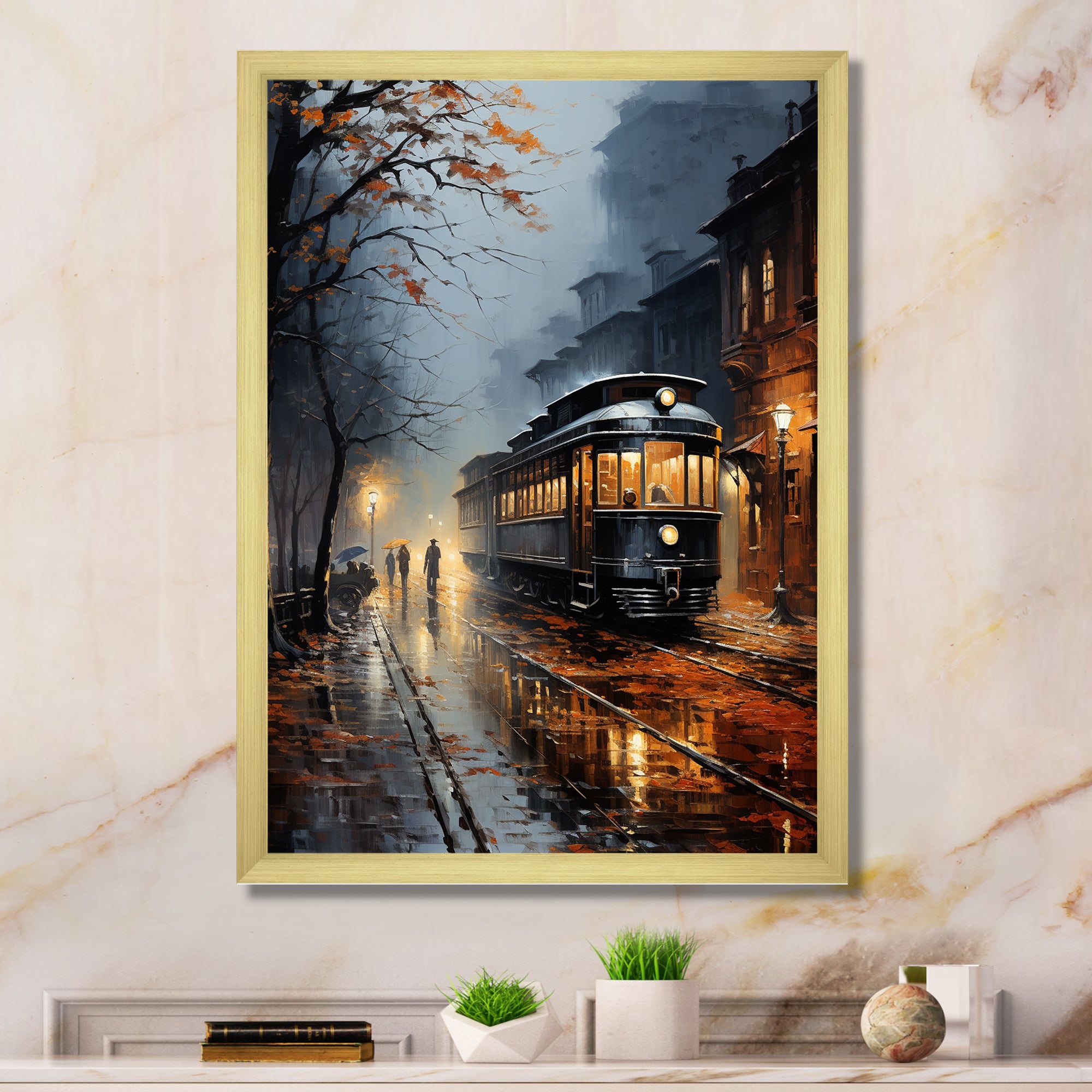 Train Misty Morning Pointillism I - Train Canvas Wall Art