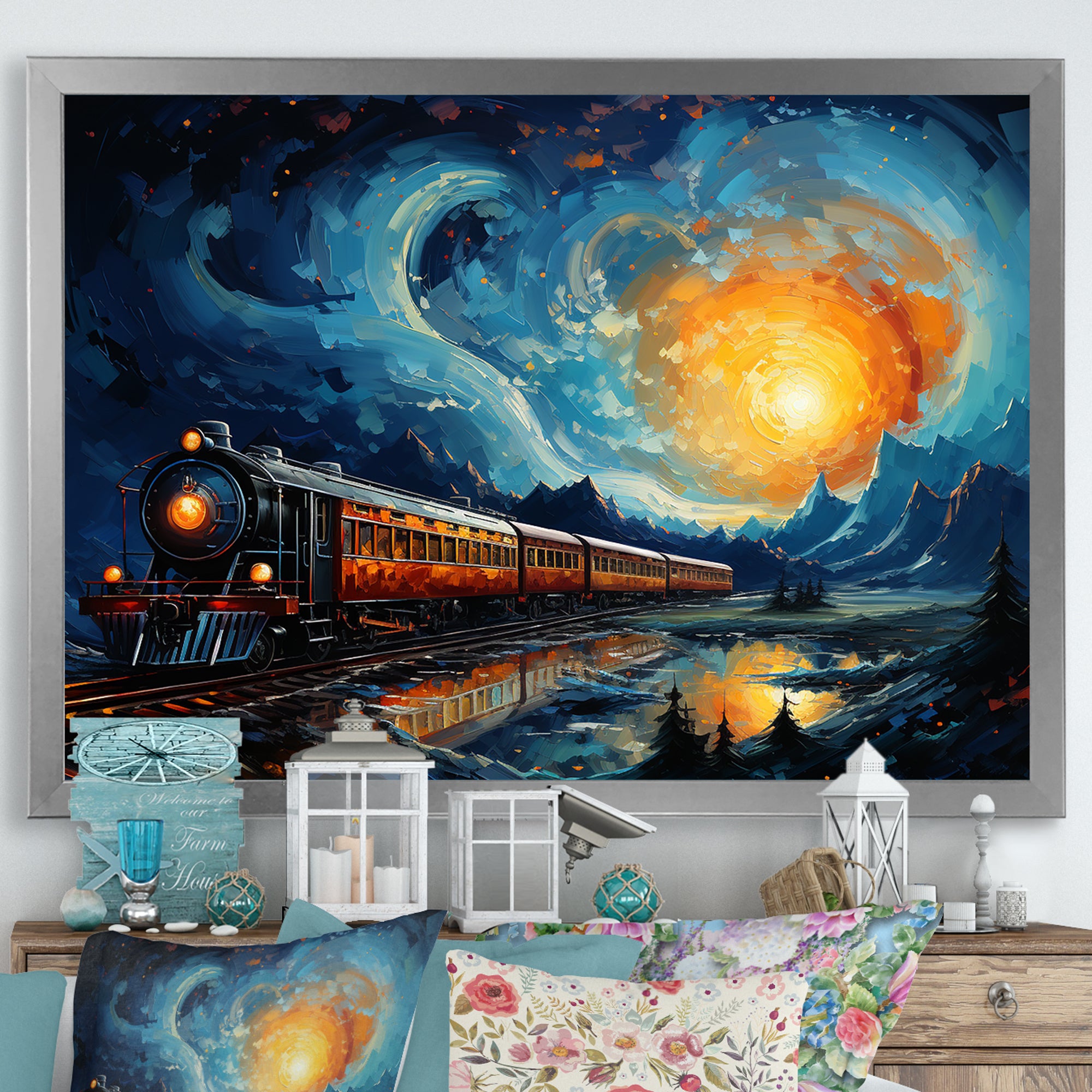 Yellow Blue Train Rails By Vincent - Train Canvas Wall Art