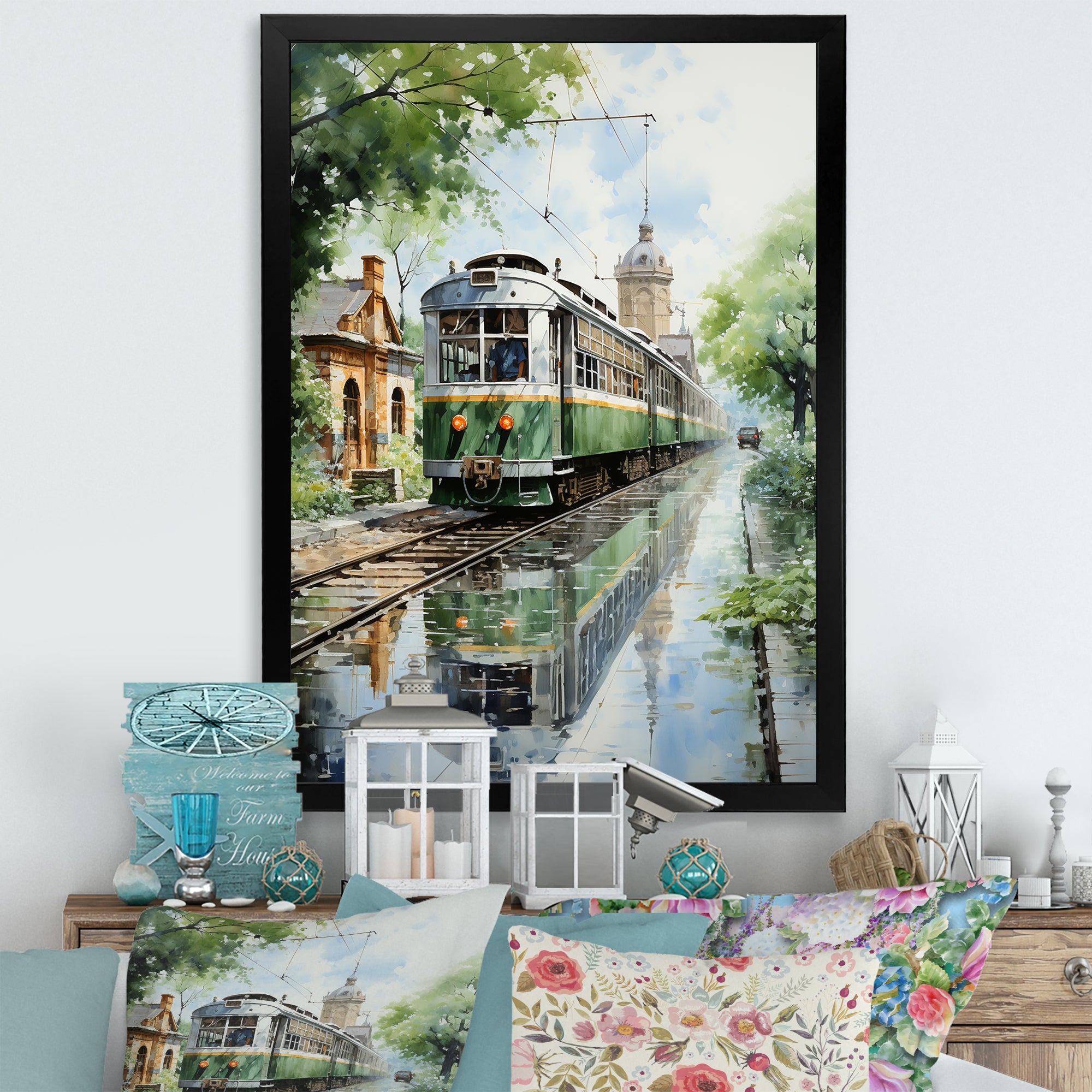 Tranquil Train Retreat Pointillism - Train Canvas Wall Art