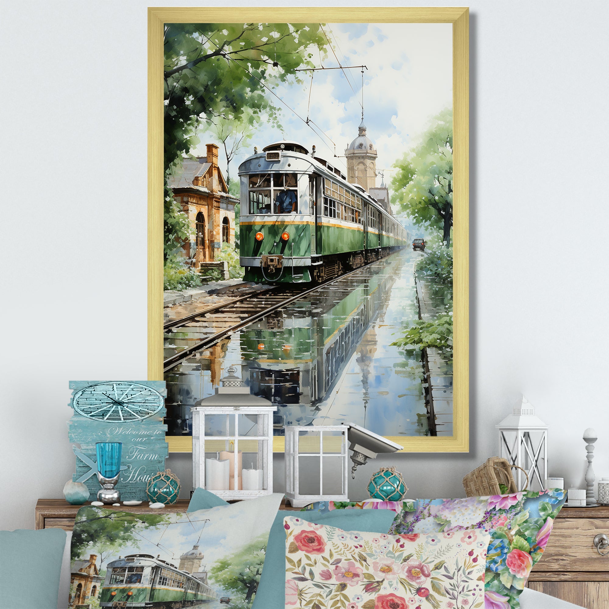 Tranquil Train Retreat Pointillism - Train Canvas Wall Art