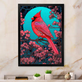 Red Cardinal Bird Under Full Moon - Bird Framed Canvas Art