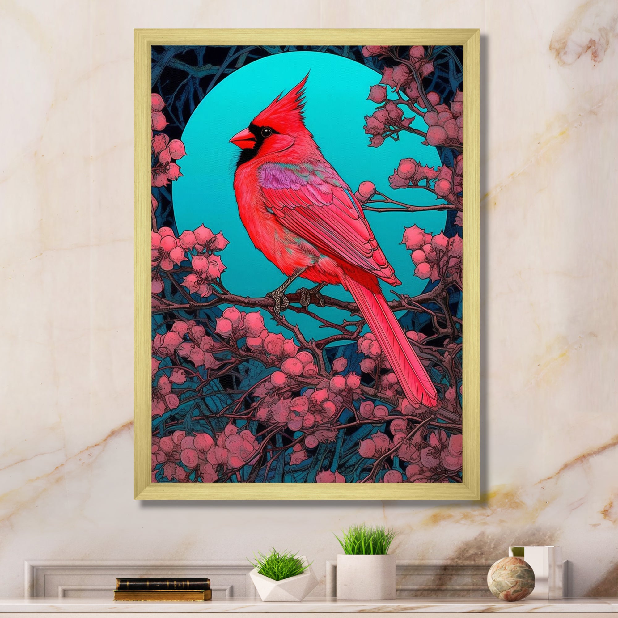 Red Cardinal Bird Under Full Moon - Bird Framed Canvas Art