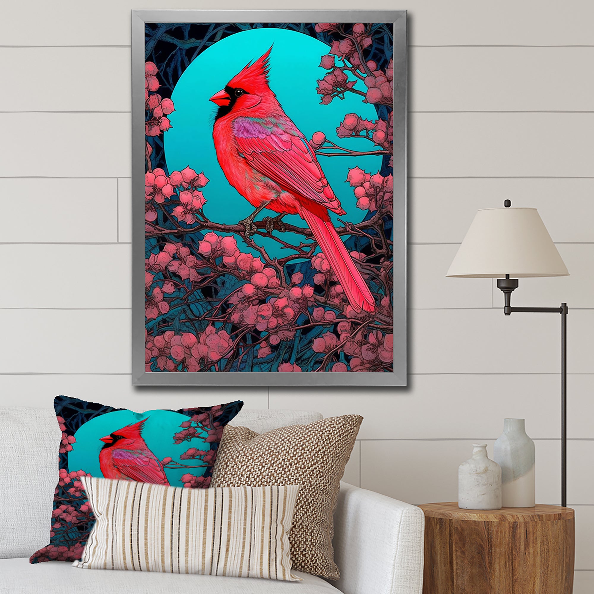 Red Cardinal Bird Under Full Moon - Bird Framed Canvas Art