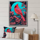 Red Cardinal Bird Under Full Moon - Bird Framed Canvas Art