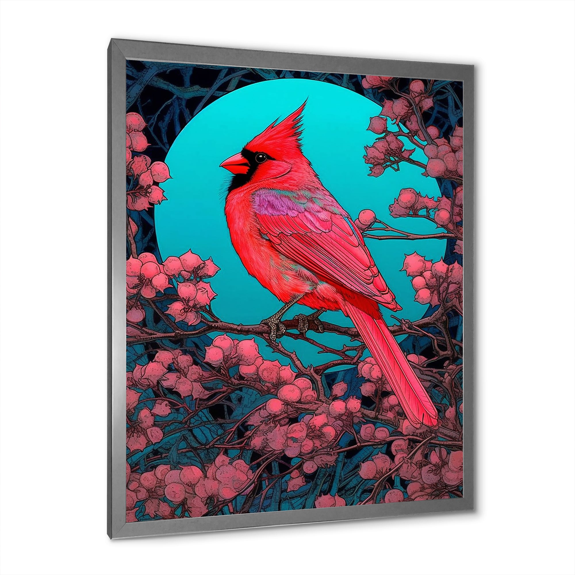Red Cardinal Bird Under Full Moon - Bird Framed Canvas Art