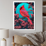 Red Cardinal Bird Under Full Moon - Bird Framed Canvas Art