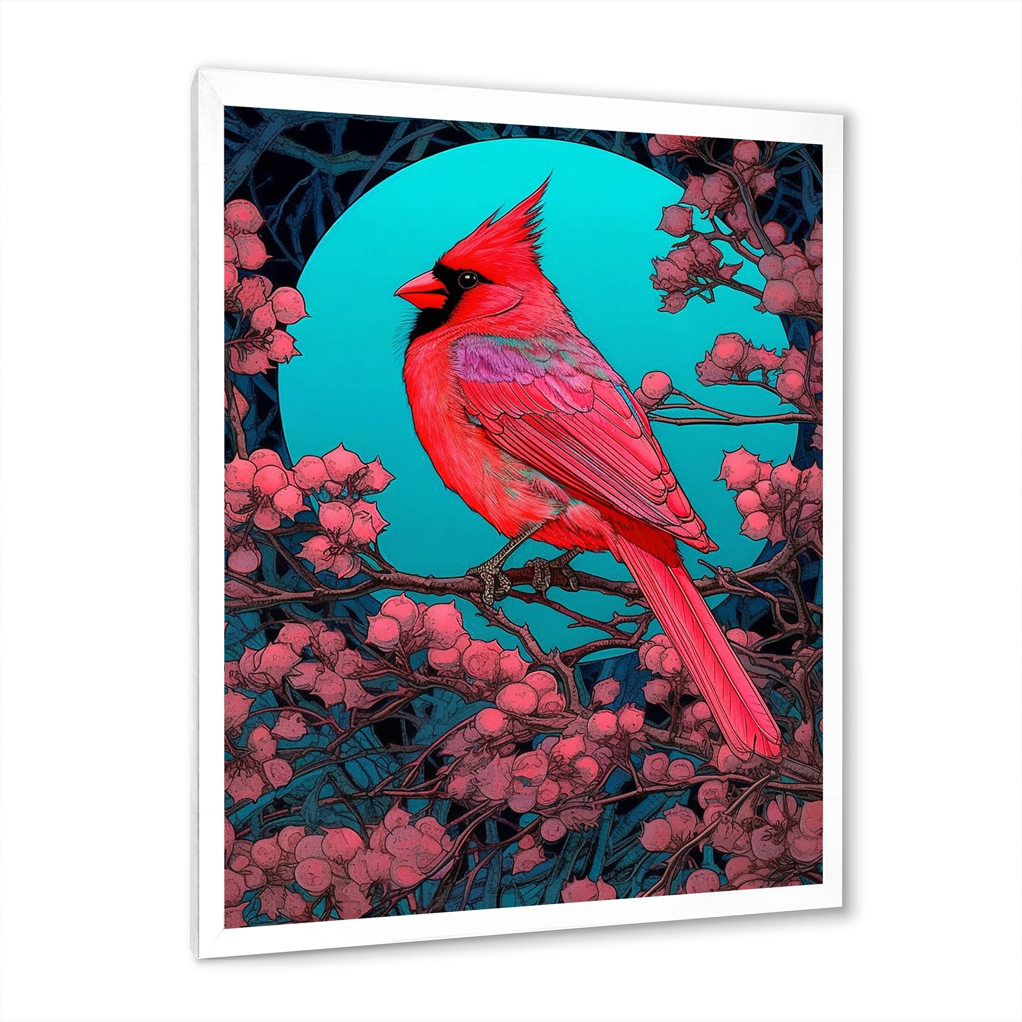 Red Cardinal Bird Under Full Moon - Bird Framed Canvas Art