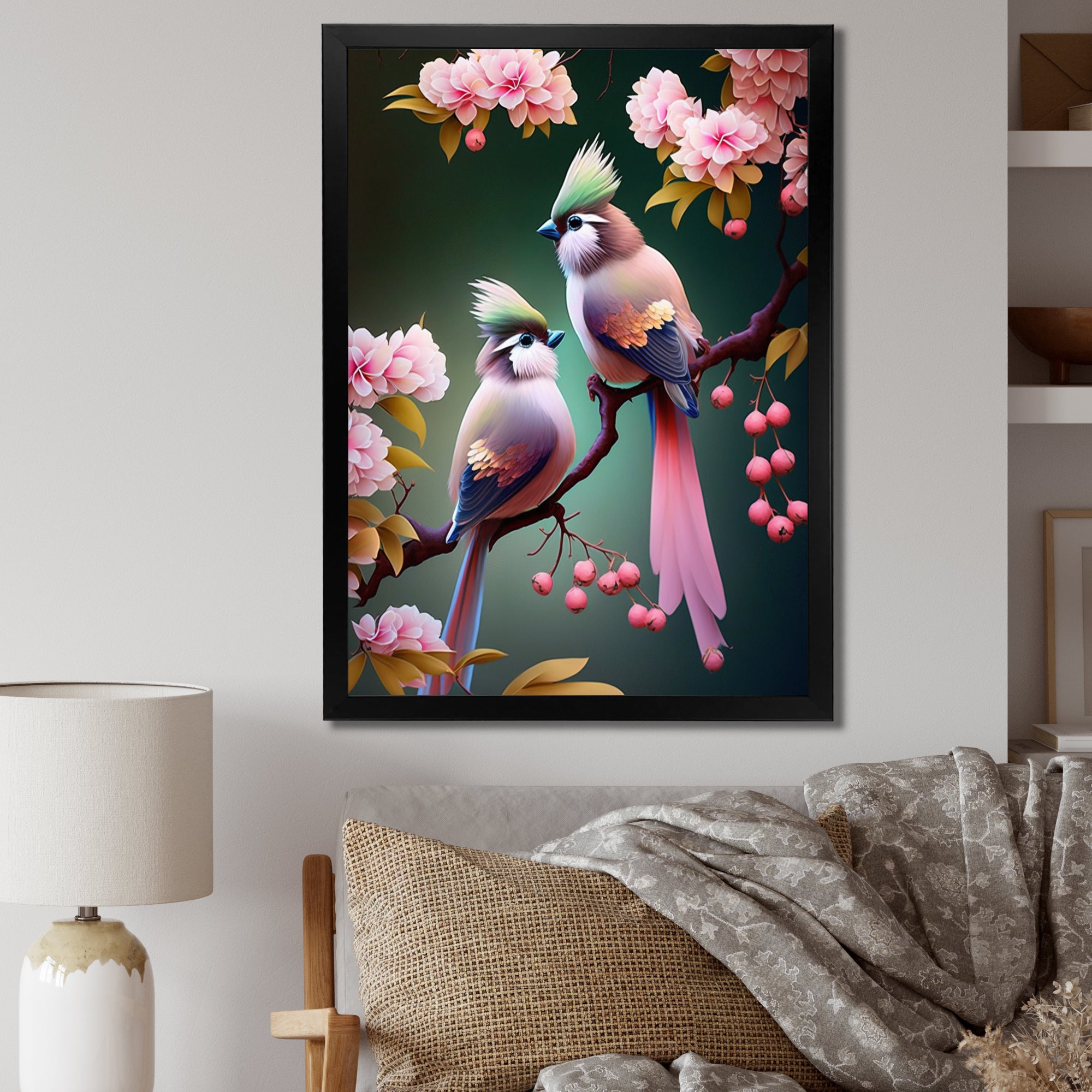 Pink Cardinal Birds On A Branch - Bird Bedroom Wall Art