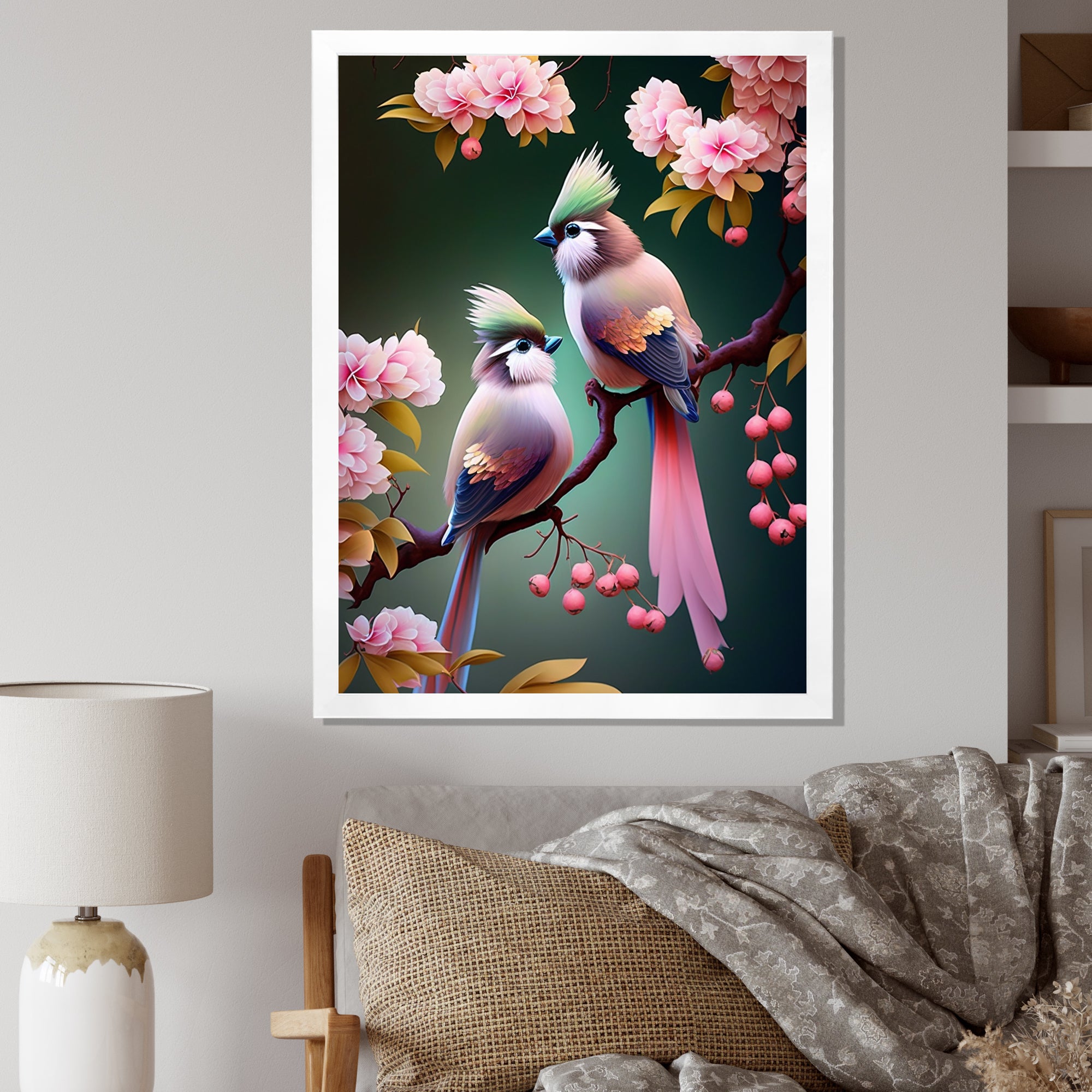 Pink Cardinal Birds On A Branch - Bird Bedroom Wall Art