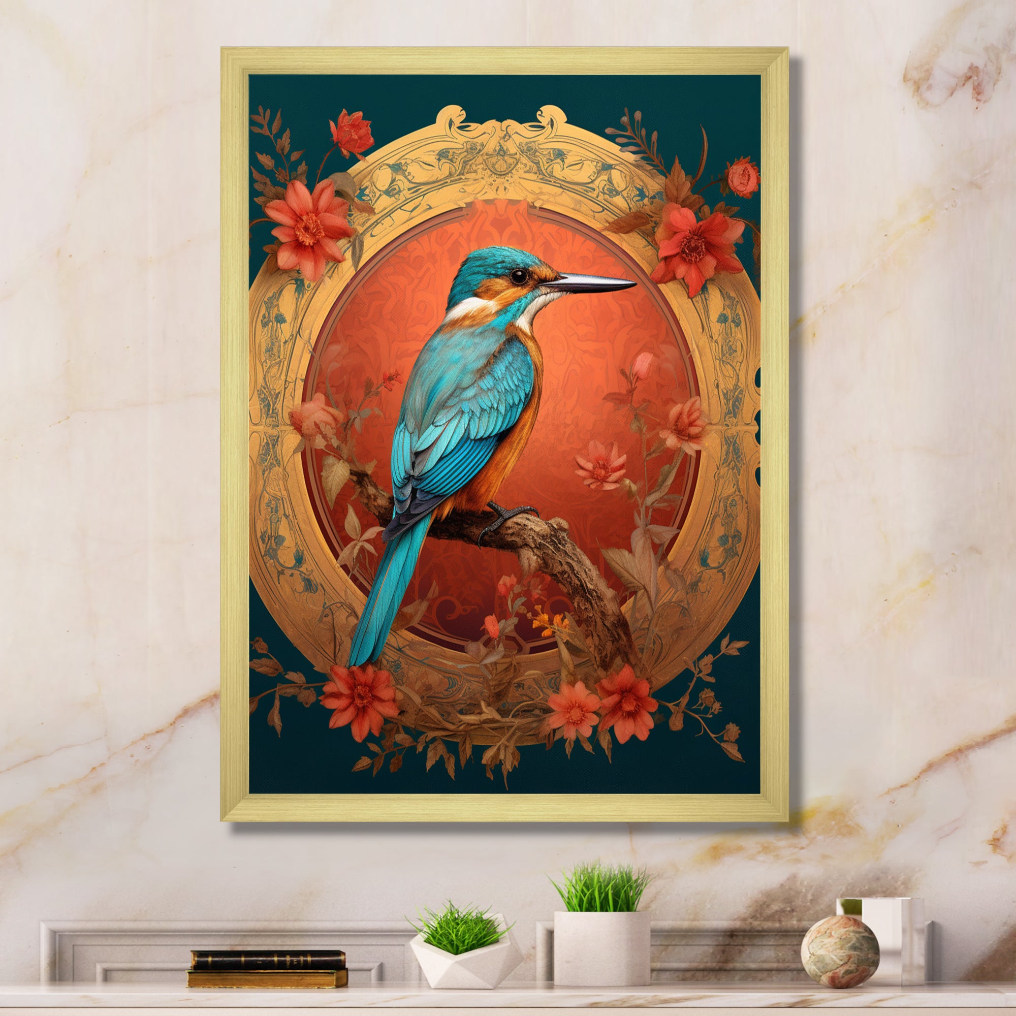 Blue Kingfisher Retro Illustration - Bird Canvas Wall Art