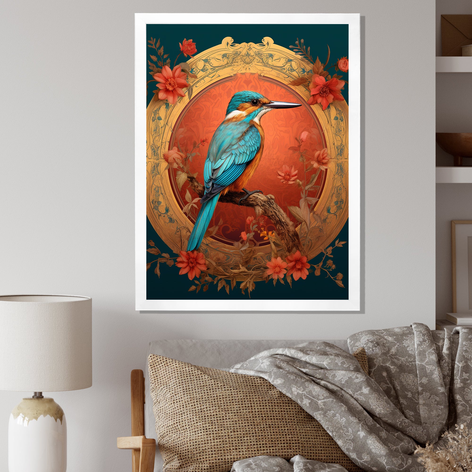 Blue Kingfisher Retro Illustration - Bird Canvas Wall Art