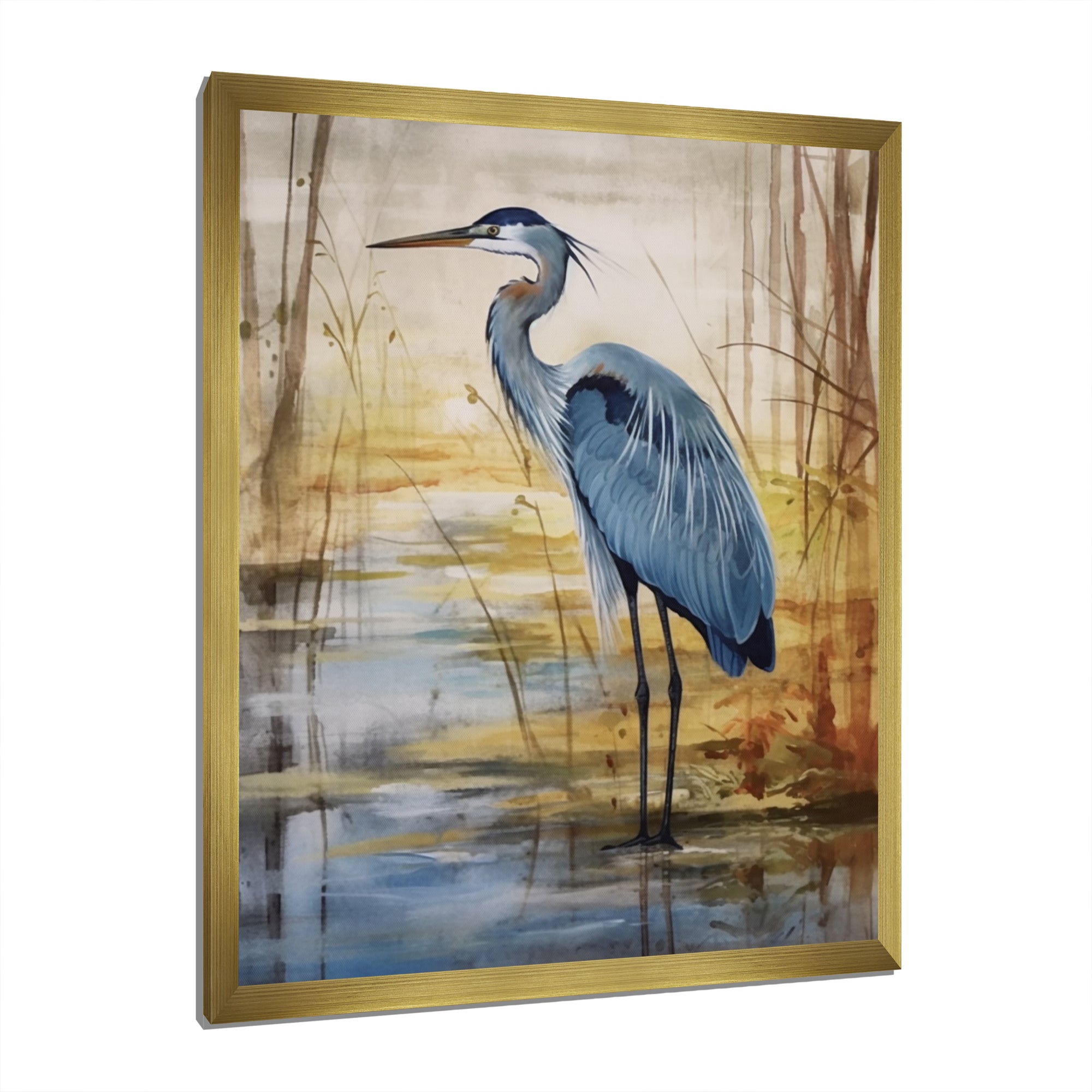 Blue Heron By The Waterside Watercolor - Bird Wall Art Prints