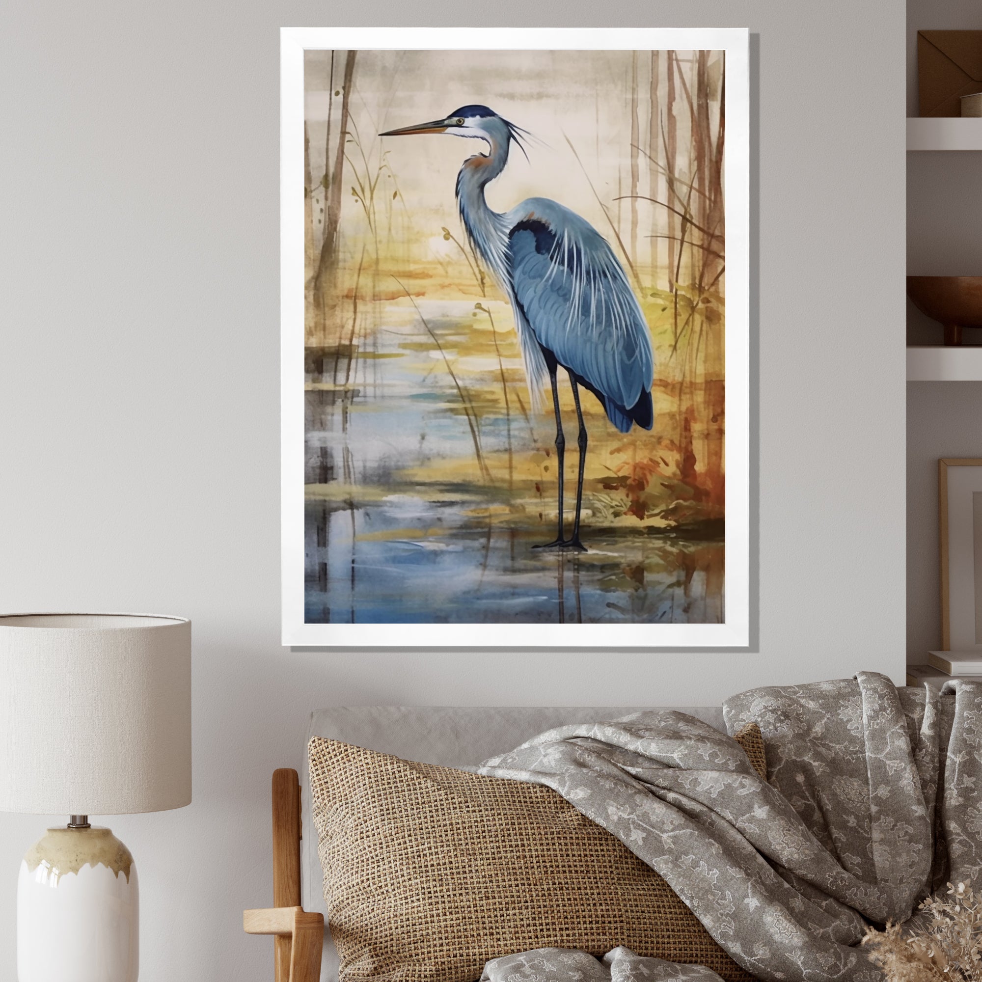 Blue Heron By The Waterside Watercolor - Bird Wall Art Prints