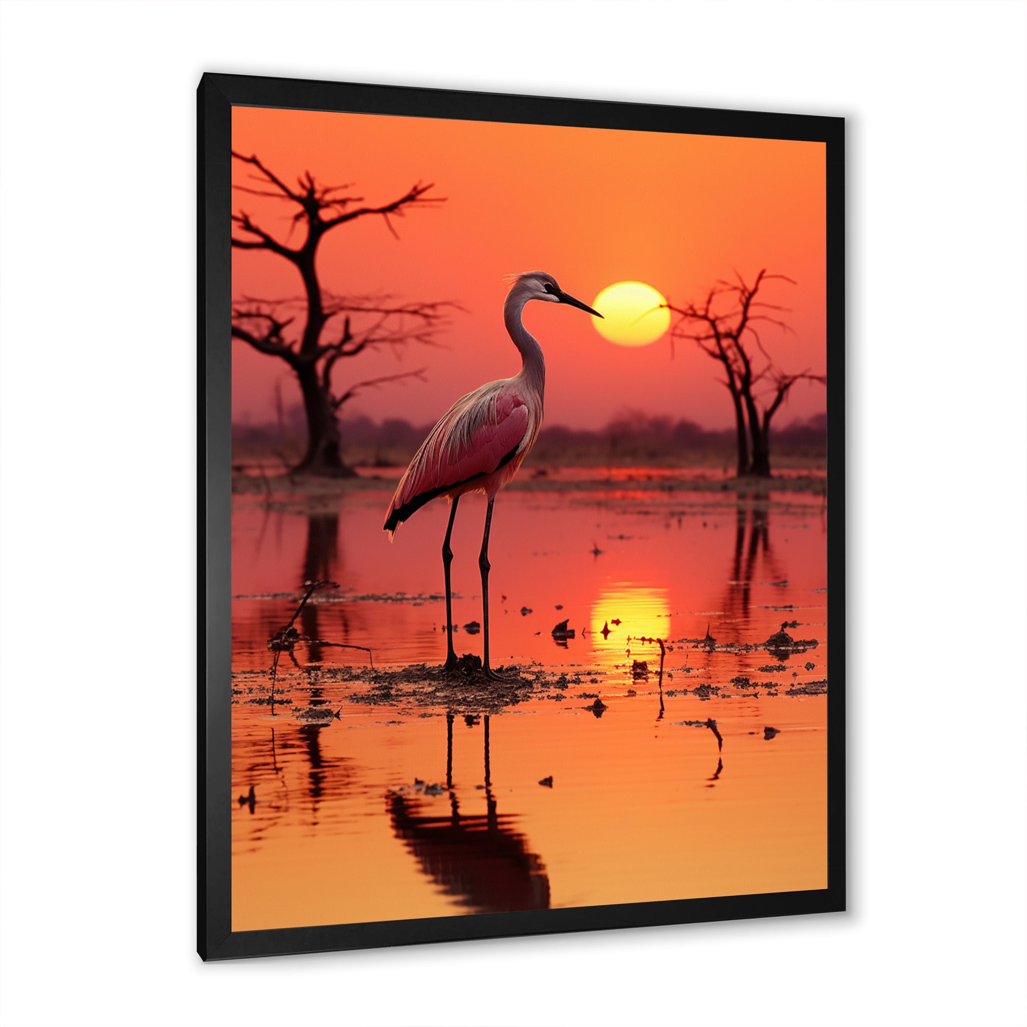 White Stork Pink Sunset Nature Photography - Yellow Bird Wall Art