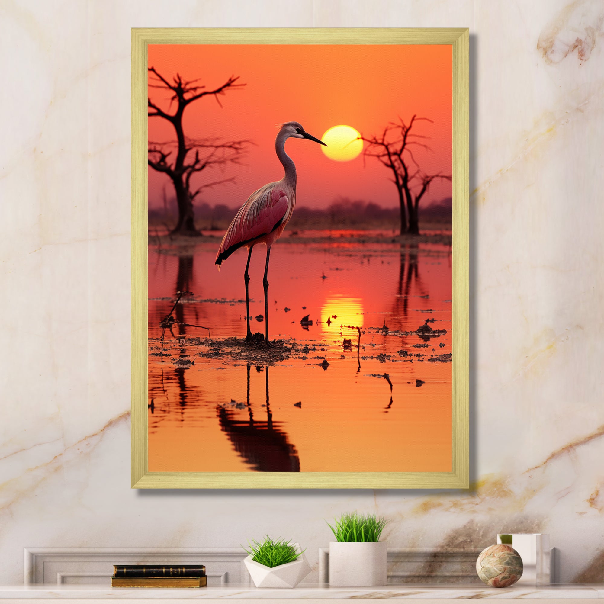 White Stork Pink Sunset Nature Photography - Yellow Bird Wall Art