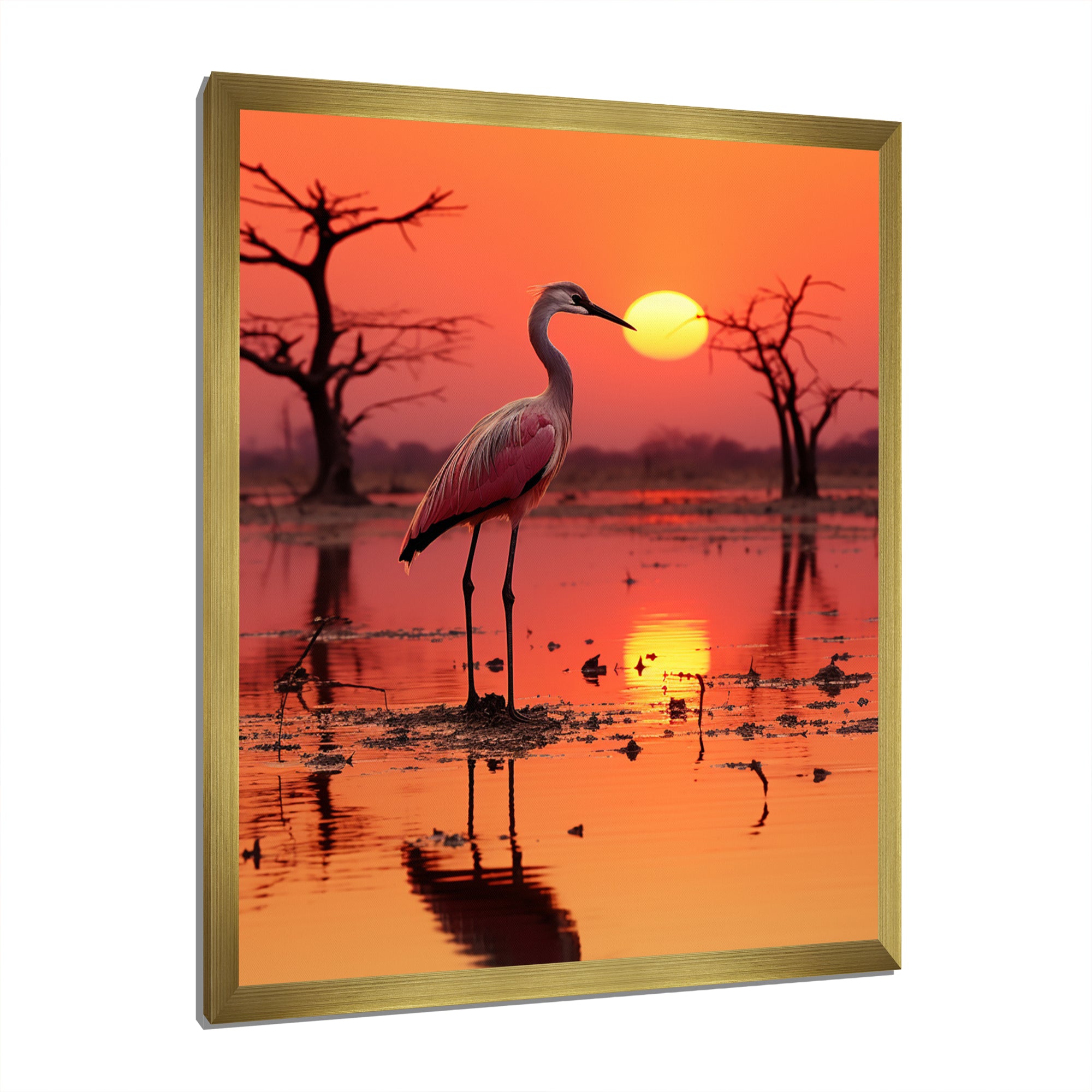 White Stork Pink Sunset Nature Photography - Yellow Bird Wall Art