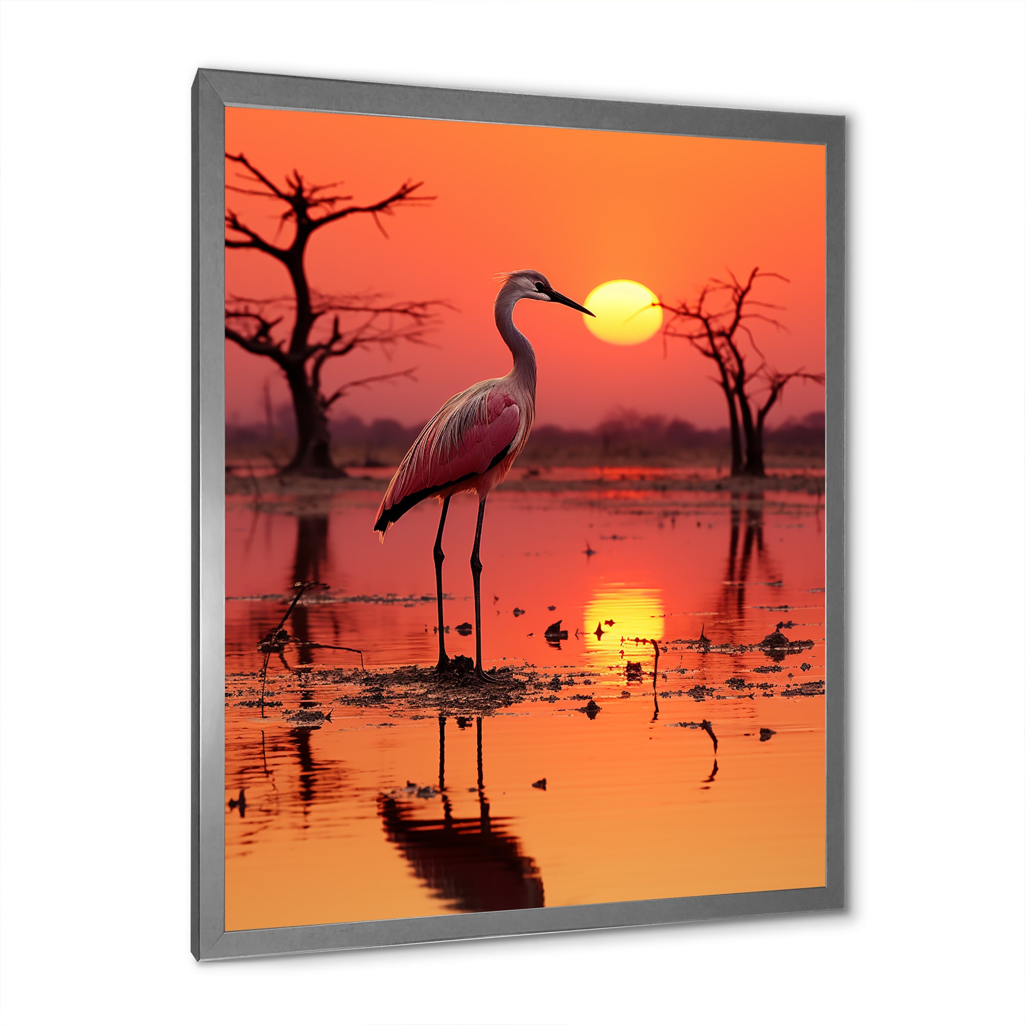 White Stork Pink Sunset Nature Photography - Yellow Bird Wall Art