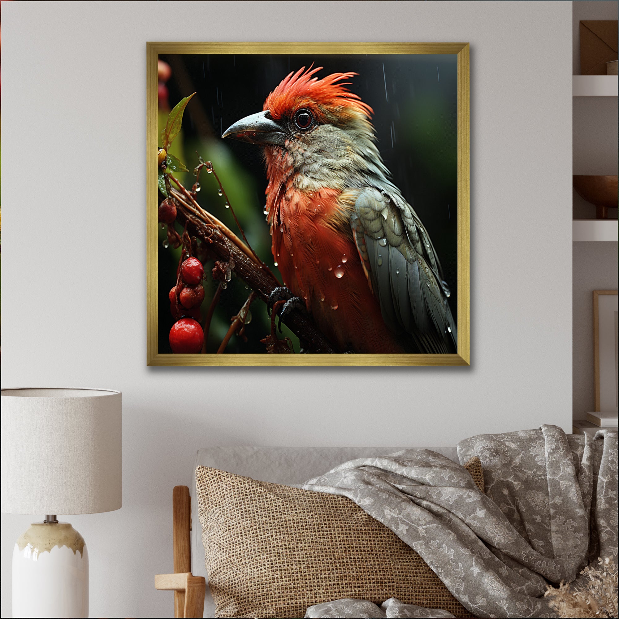 Orange Tropical Bird On Branch Nature Photography - Bird Wall Decor