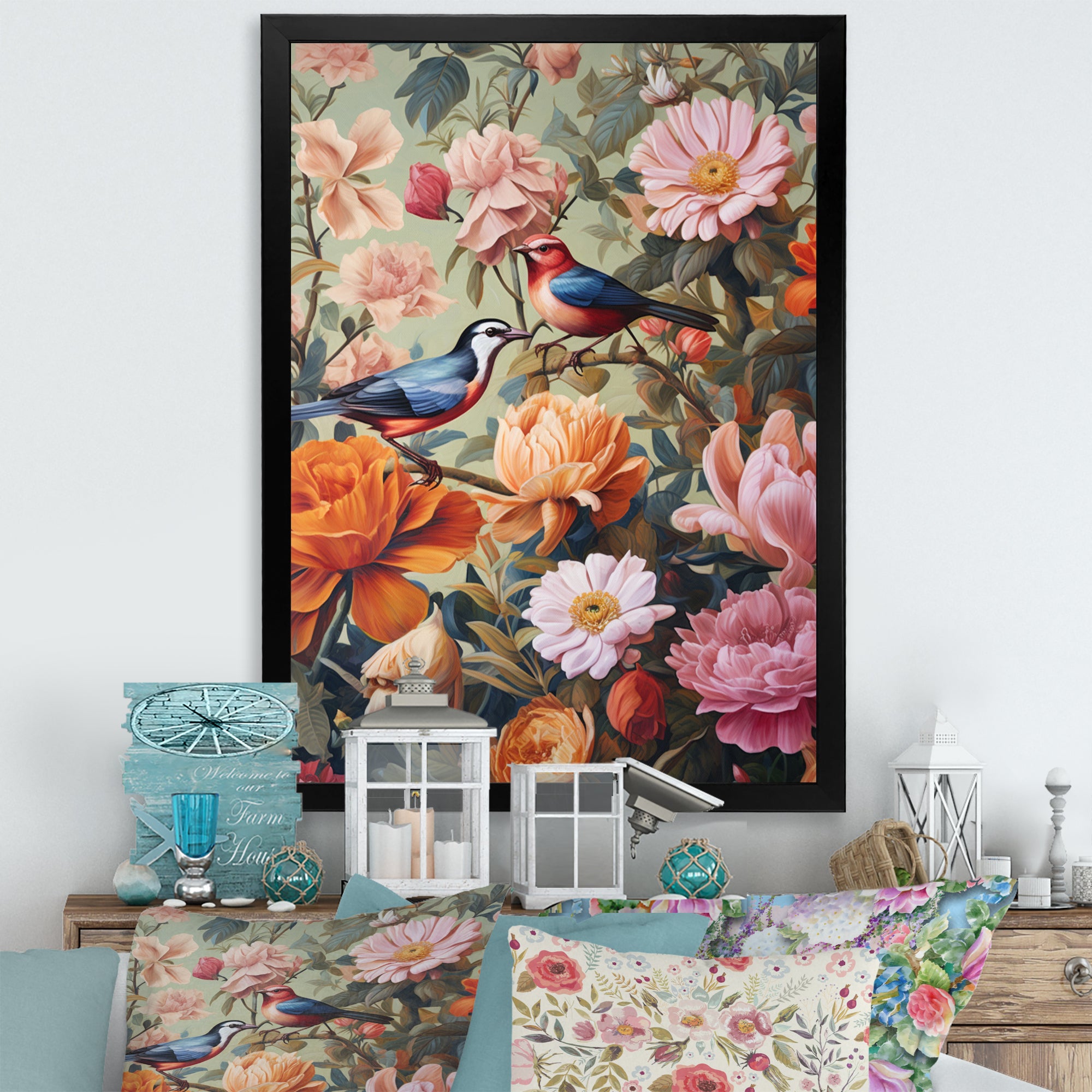 Tropical Birds In Paradise Flower field Painting - Bird Wall Art Prints