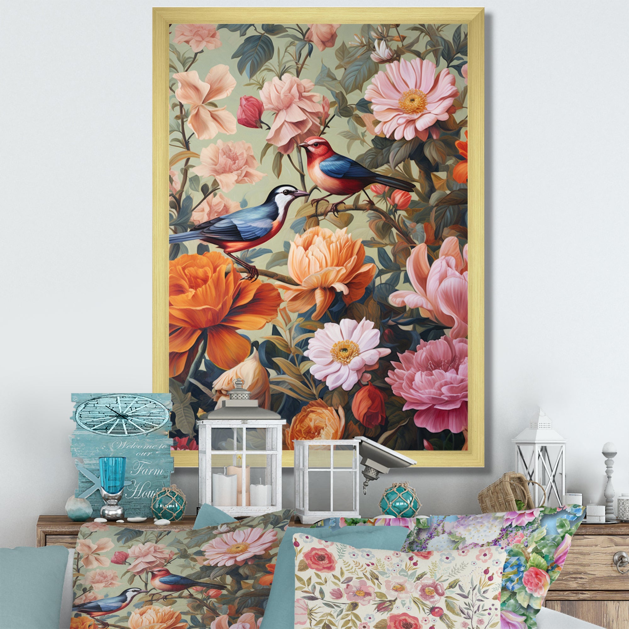 Tropical Birds In Paradise Flower field Painting - Bird Wall Art Prints