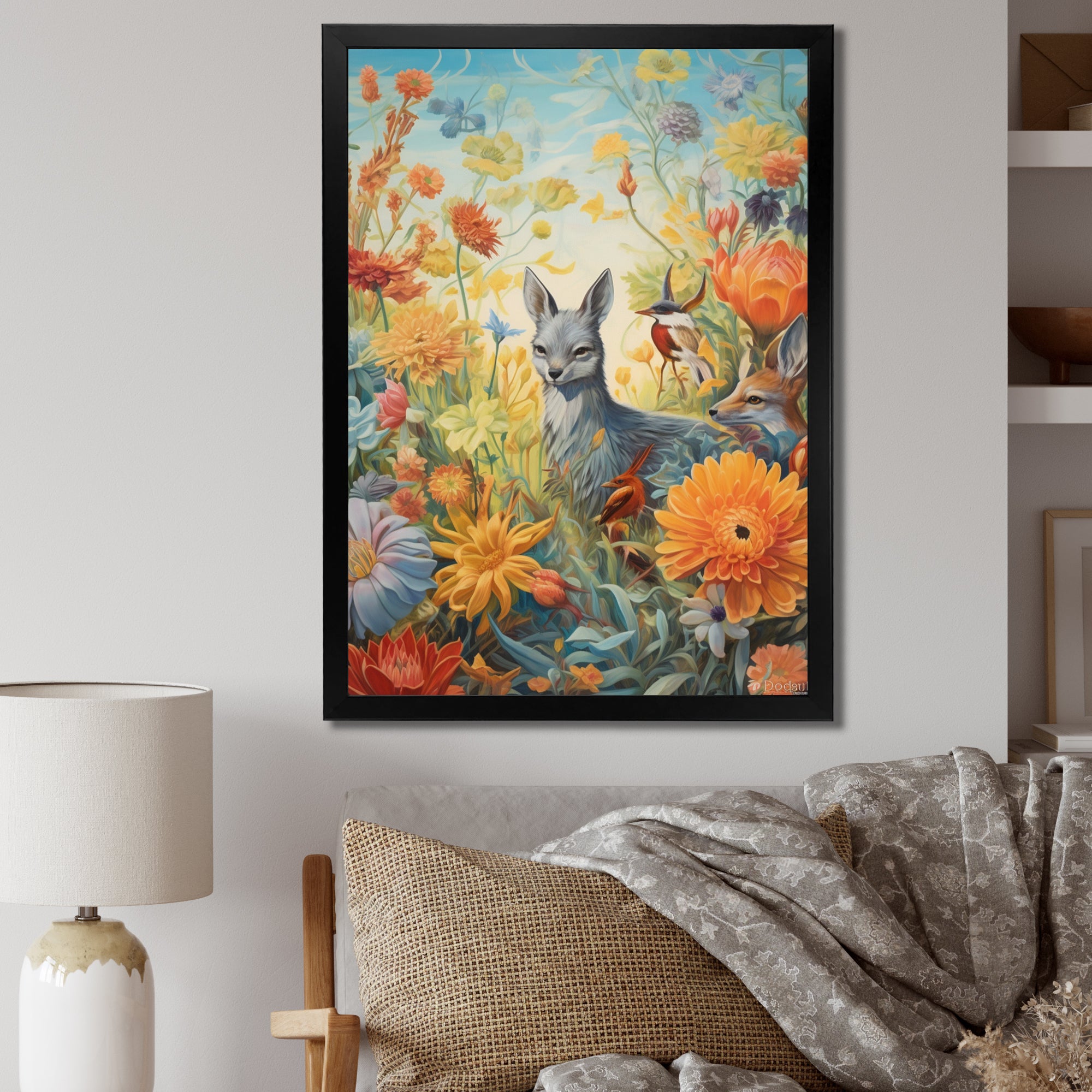 Wildlife In Paradise Flower field Painting - Blue Bird Wall Art
