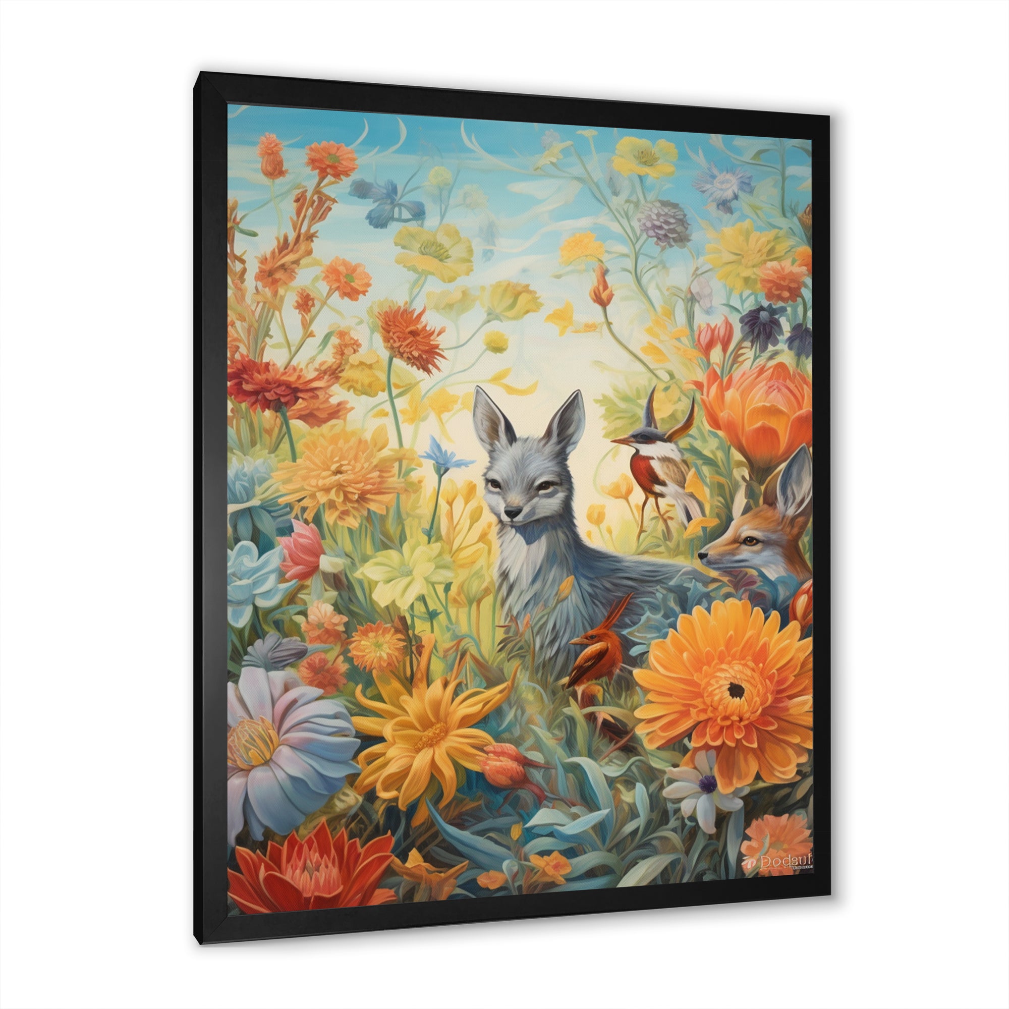 Wildlife In Paradise Flower field Painting - Blue Bird Wall Art