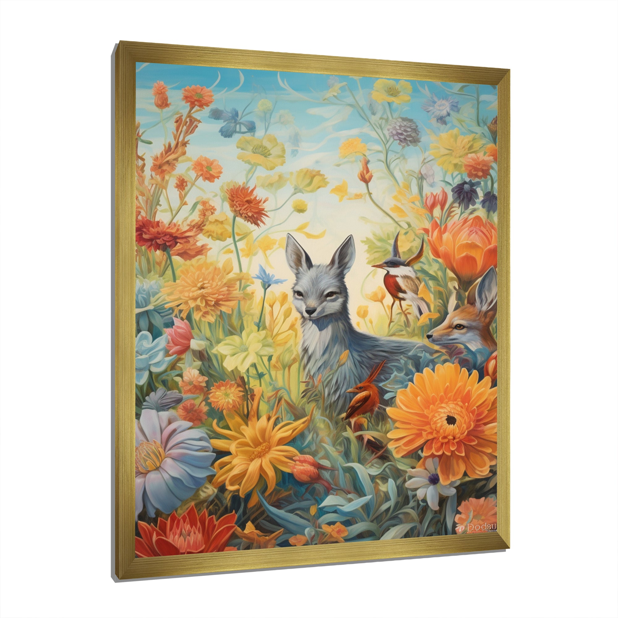 Wildlife In Paradise Flower field Painting - Blue Bird Wall Art