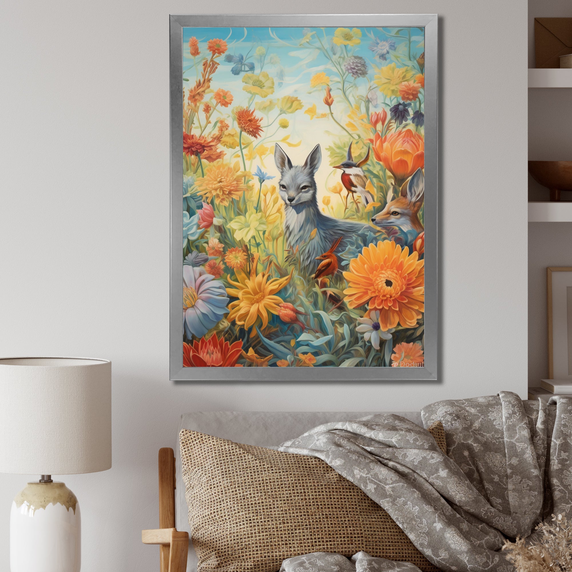 Wildlife In Paradise Flower field Painting - Blue Bird Wall Art