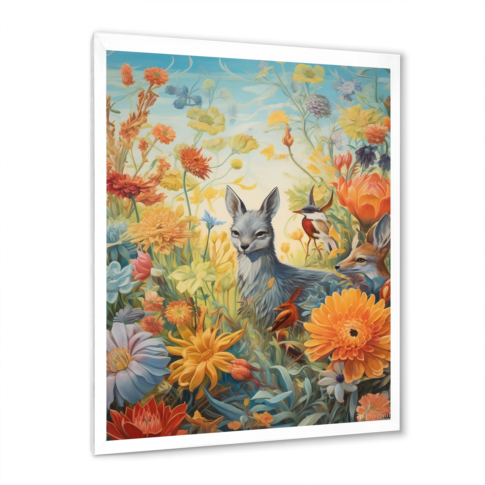 Wildlife In Paradise Flower field Painting - Blue Bird Wall Art