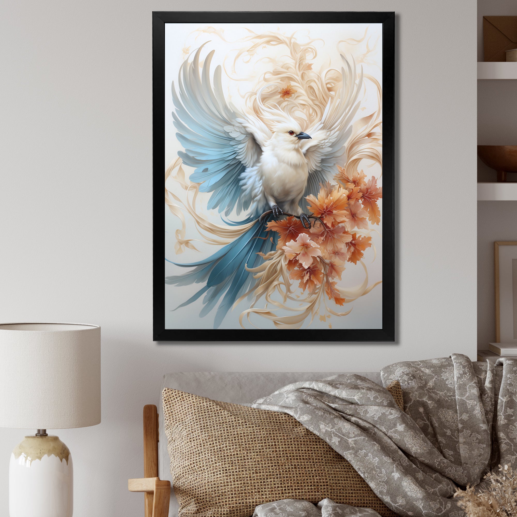 Majestic White Bird On Flower Branch - Bird Home Decor Art