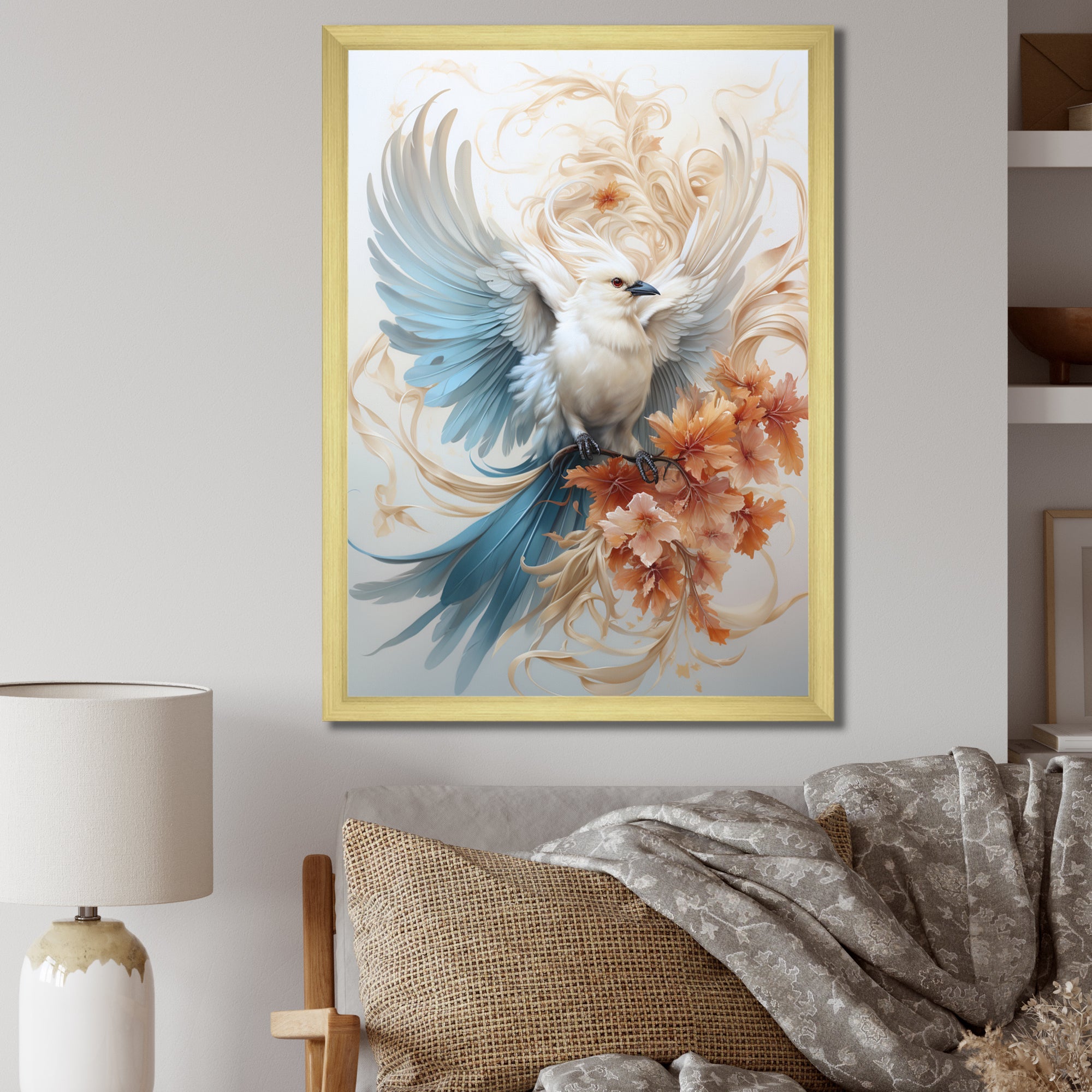 Majestic White Bird On Flower Branch - Bird Home Decor Art