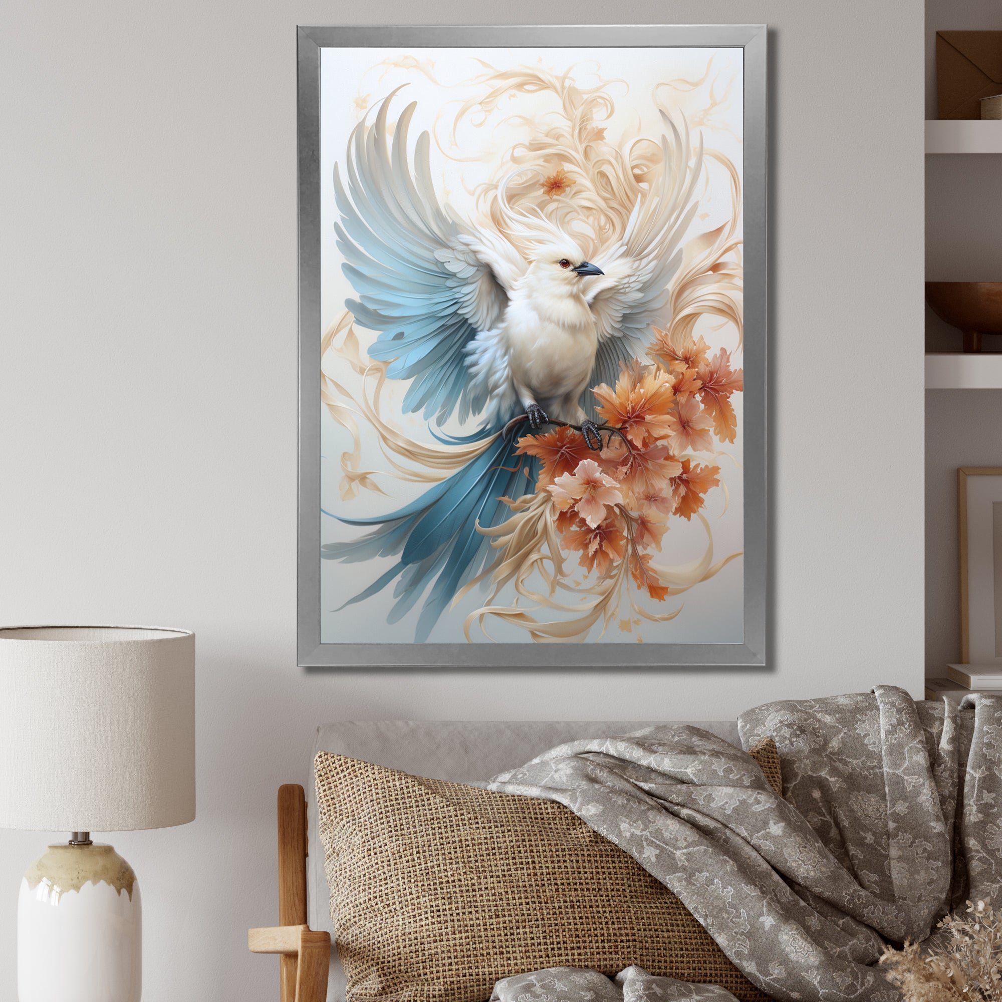 Majestic White Bird On Flower Branch - Bird Home Decor Art